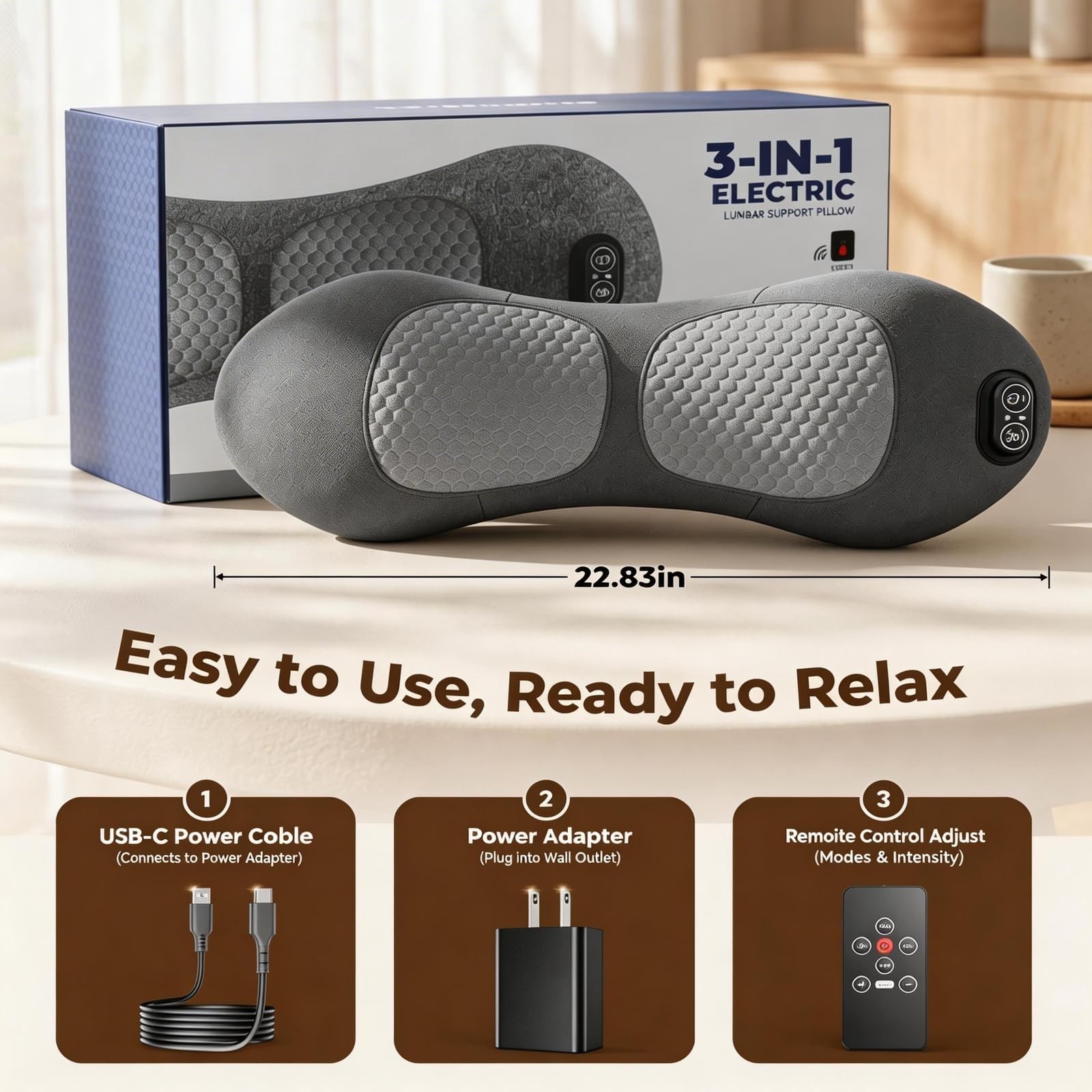 Upgraded 3-in-1 Lumbar Support Pillow – Remote Control Back Massager with Heat,