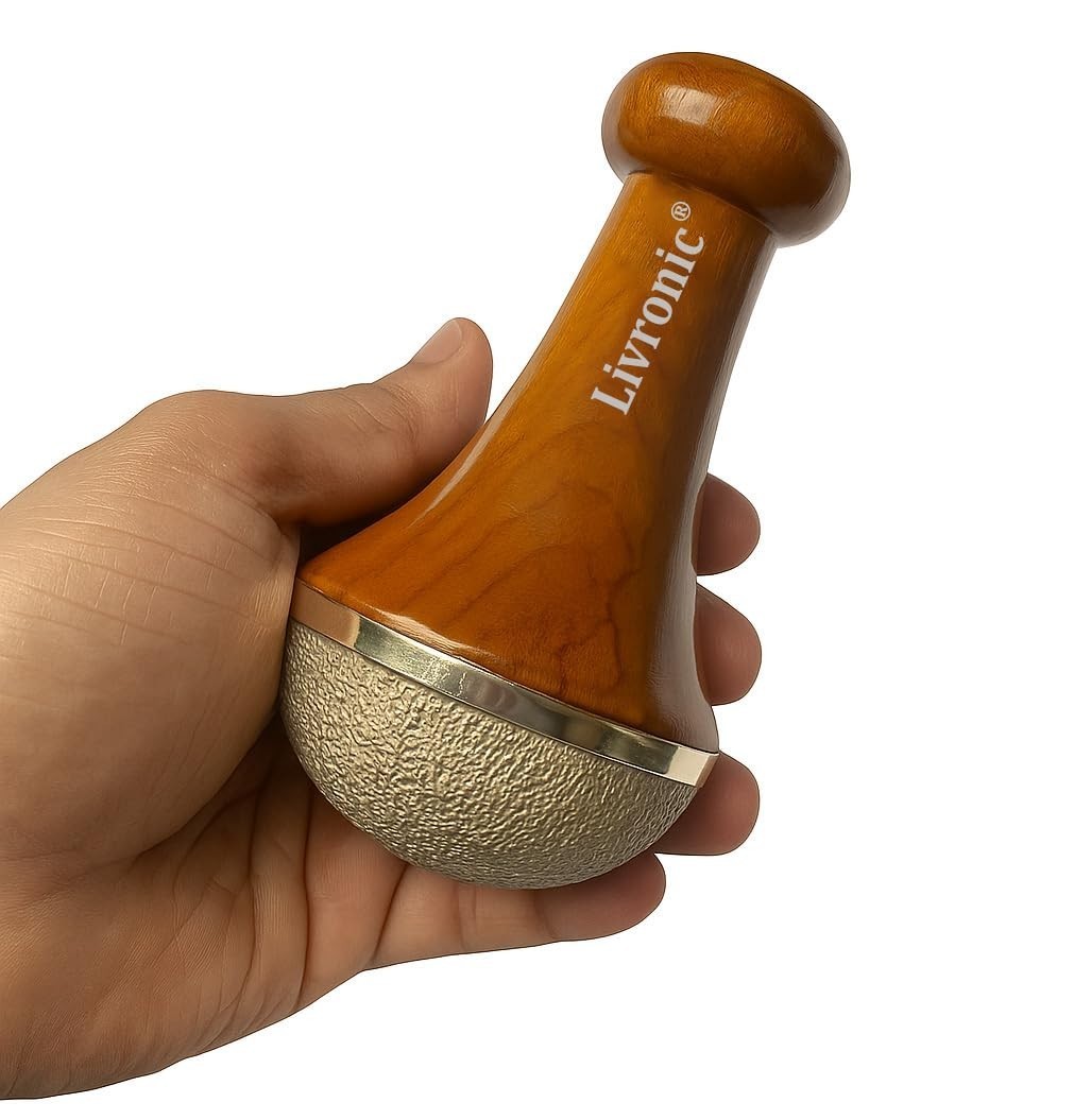 Livronic Bronze Kansa Natural Vatki Cup With Wooden Handle Manual Foot Massager