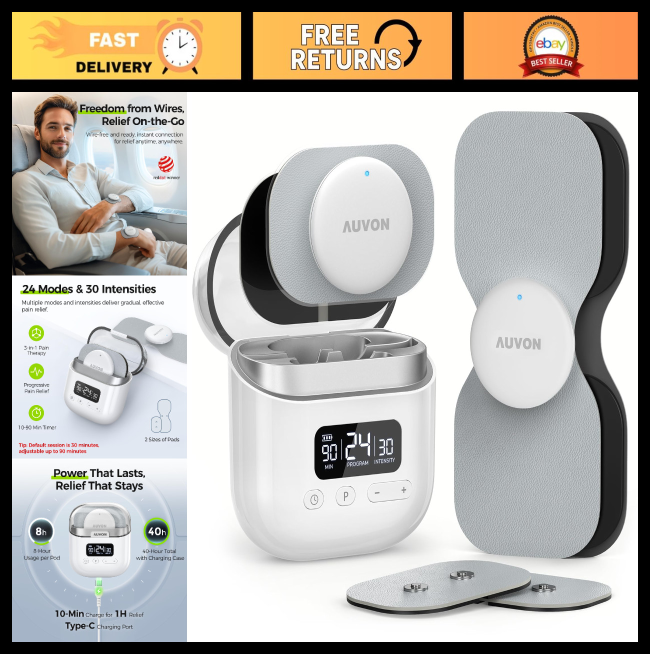 Wireless TENS Unit Muscle Stimulator – 24 Modes, Rechargeable, Dual Size Pads fo