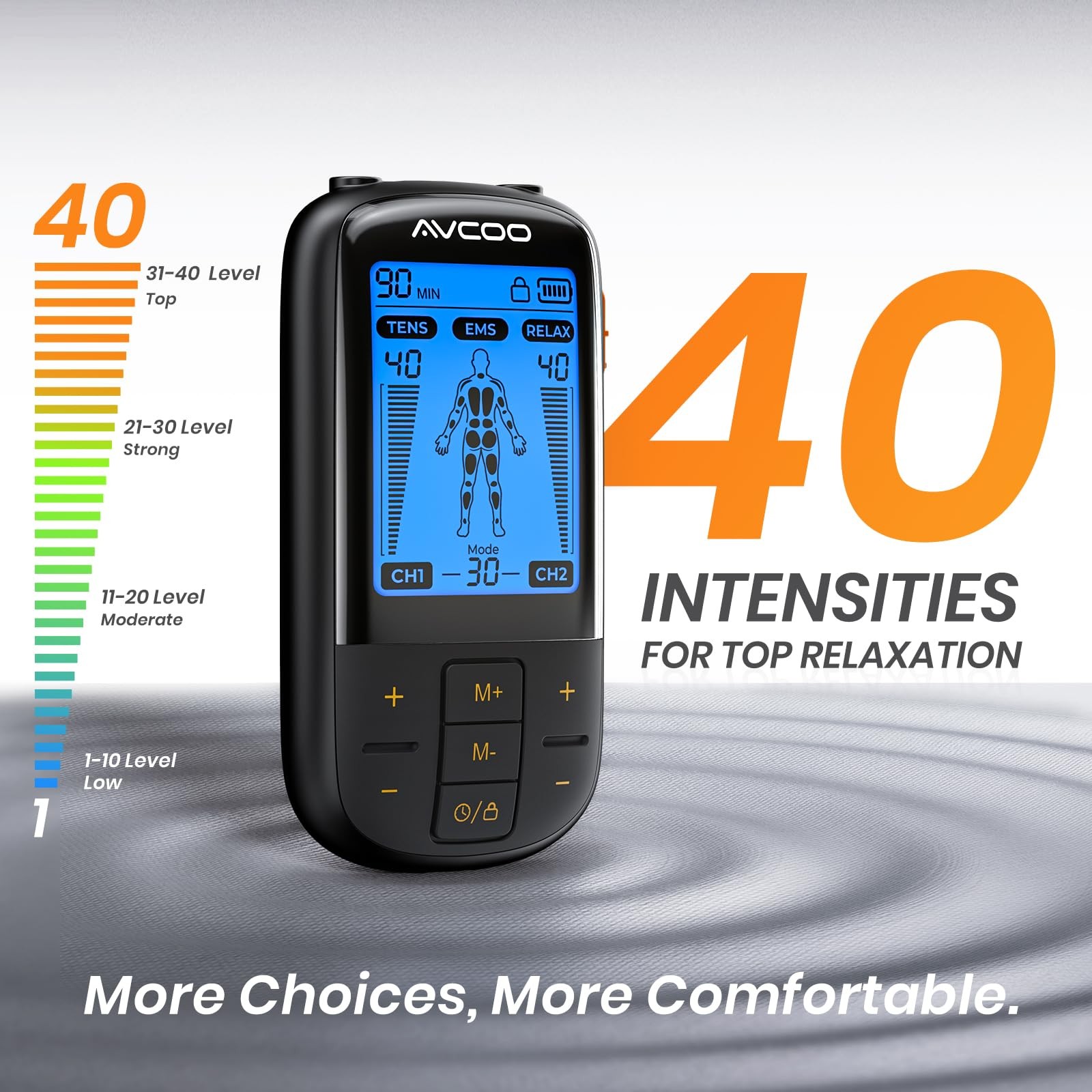 AVCOO 3-in-1 TENS Unit Muscle Stimulator with 30 Modes, 40 Intensities TENS