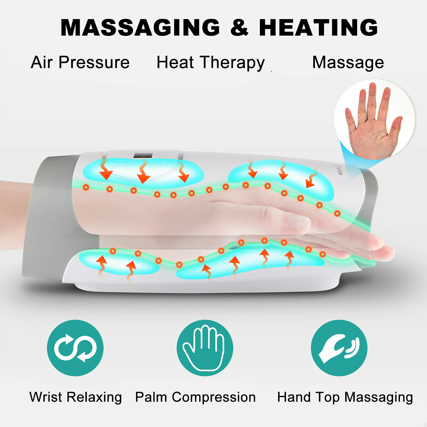 Electric Hand Palm Finger Massager Acupressure Air Pressure Heat Compression