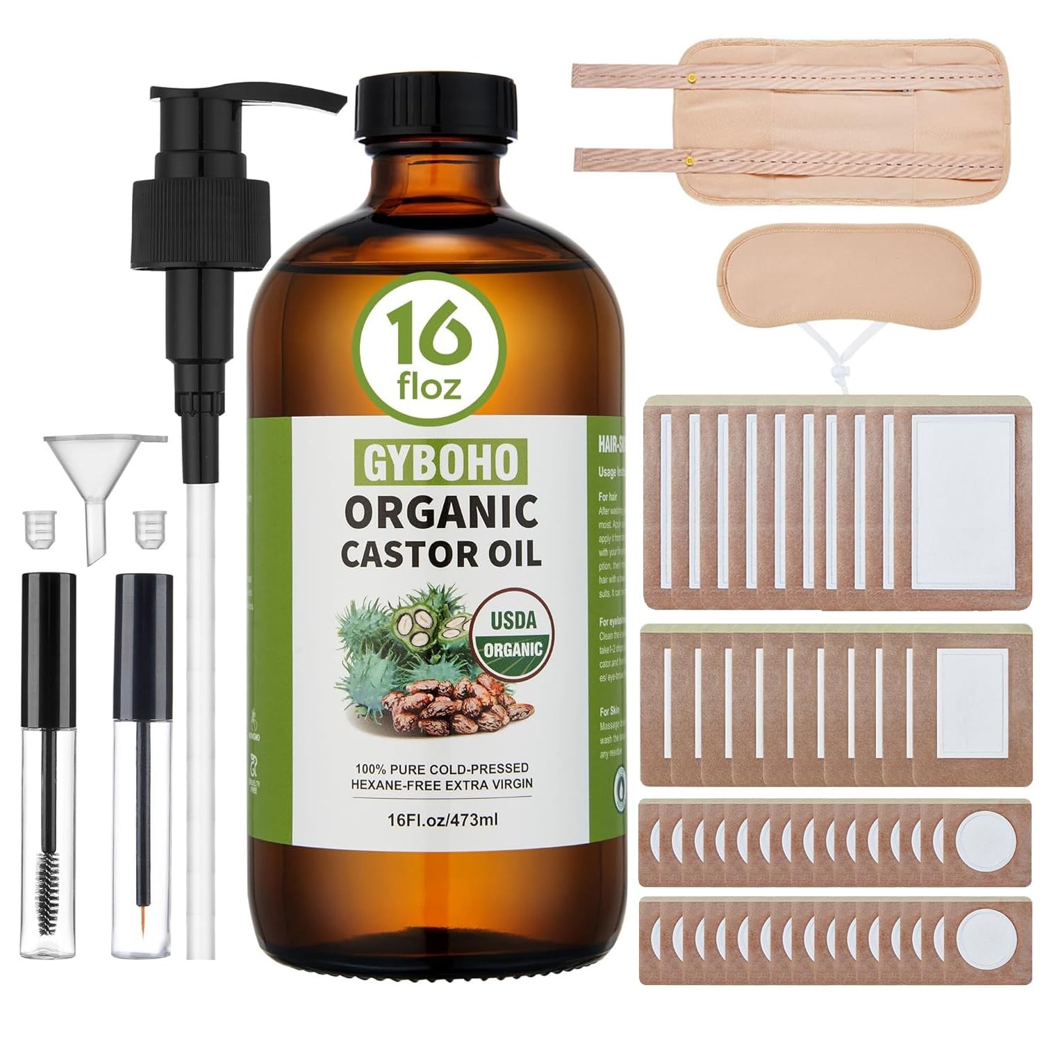 Castor Oil Pack Wrap Reusable with 16 fl.oz Organic Cold Pressed Unrefined Ca…