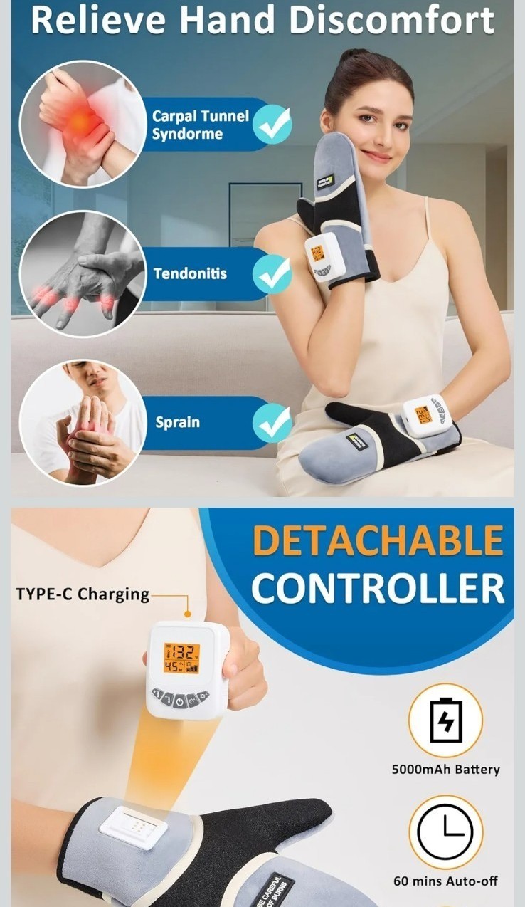 Cordless hands heating massaging pads gloves