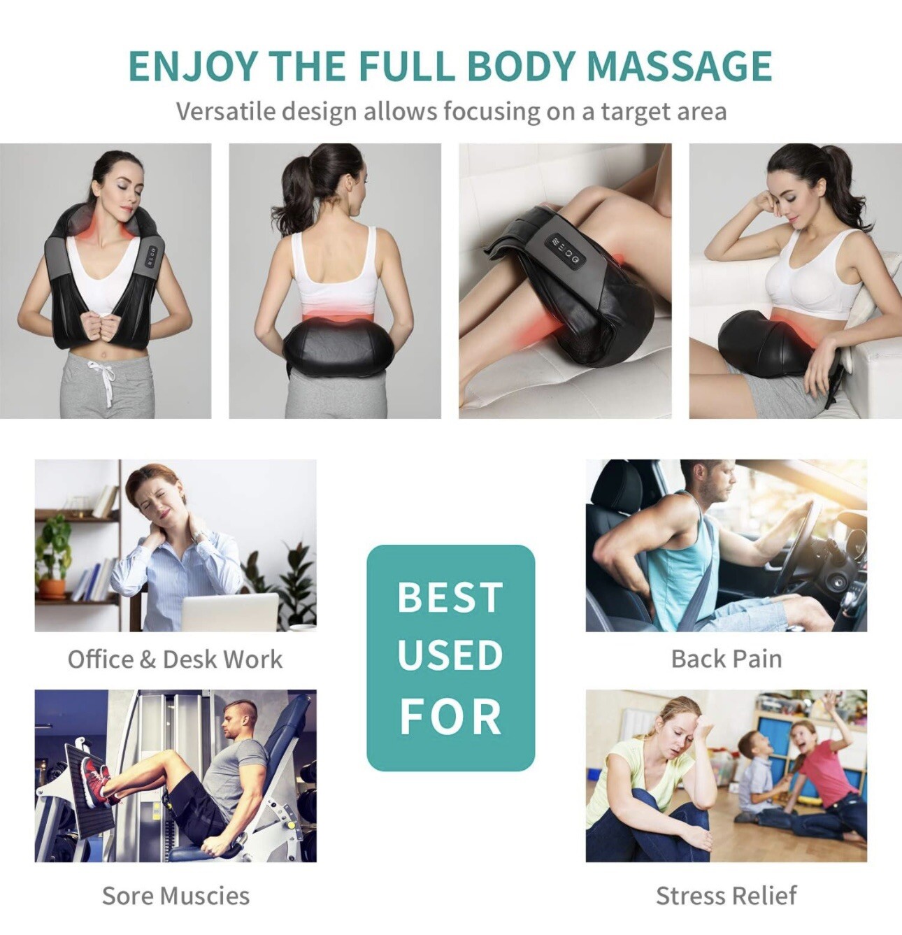Nekteck Shiatsu Neck/Back Massager with Heat, Electric, Deep Tissue, 8 Nodes