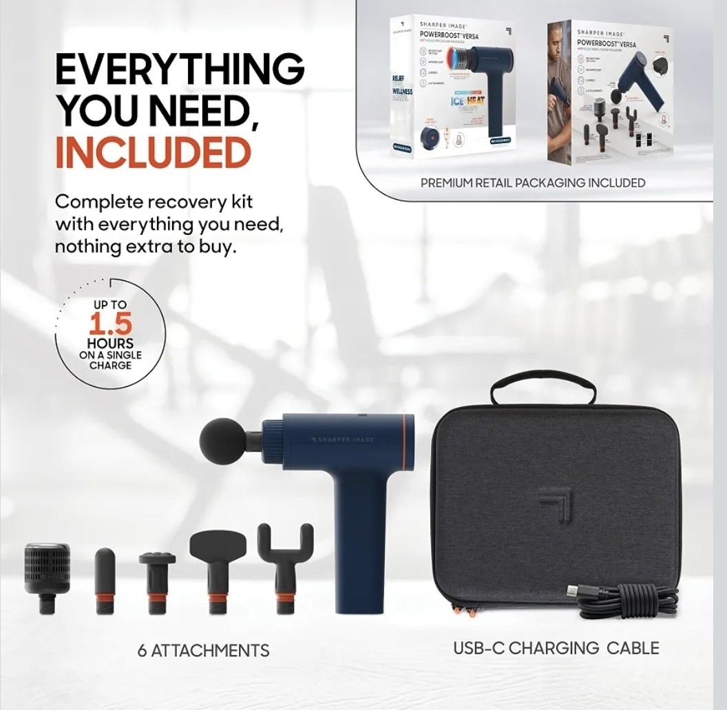Sharper Image PowerBoost Versa Massage Gun Hot/Cold Cordless USB-C 6 Heads Case