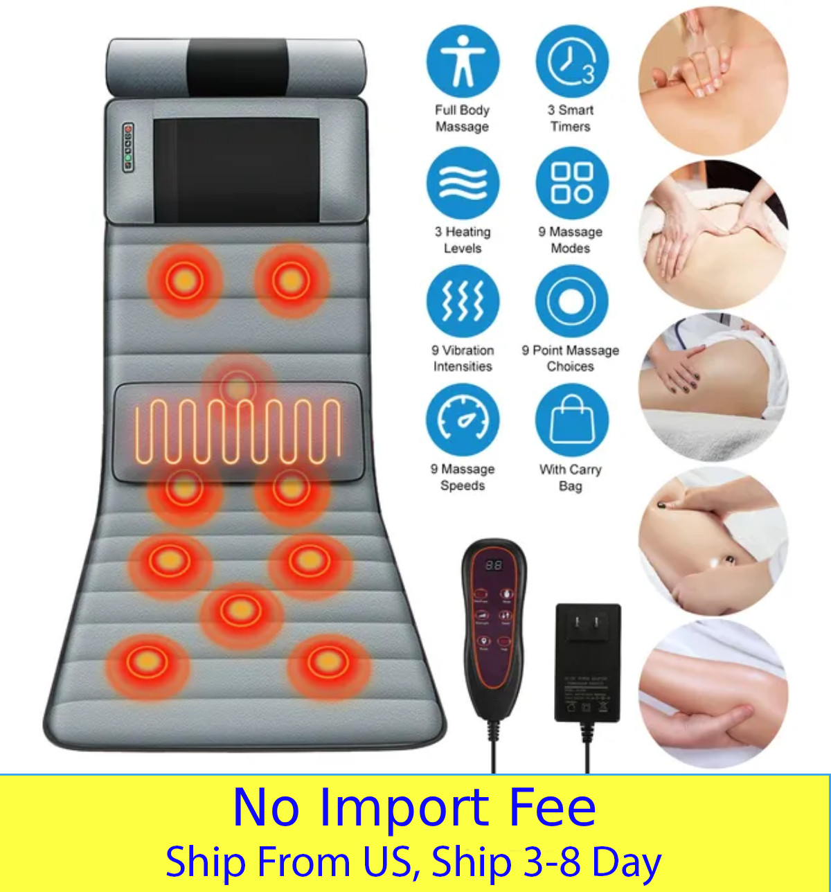 Full Body Massage Mat Vibration Neck Kneading 20 Nodes Heat Lumbar Pad Timer