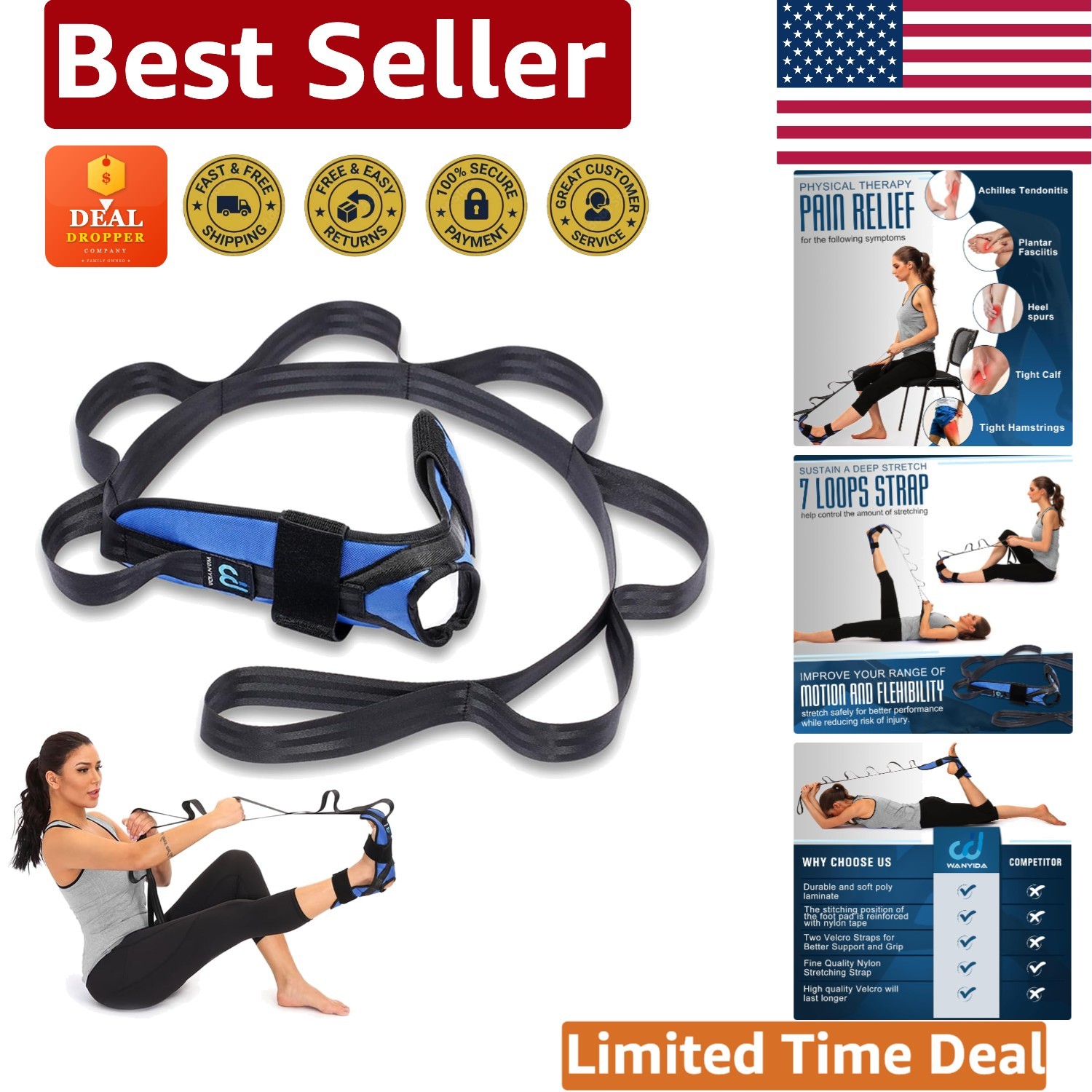 Easy-to-Use Foot and Calf Stretcher Yoga Strap – Supports Physical Therapy, Blue