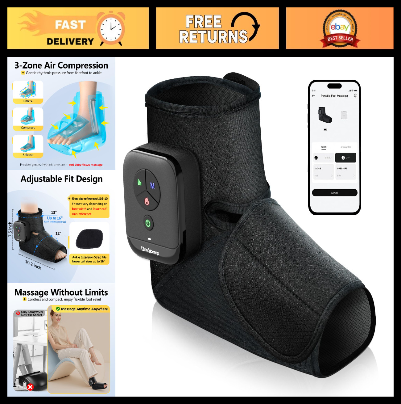 Portable Air Compression Foot Massager with Heat – Cordless Ankle Boot for Pain