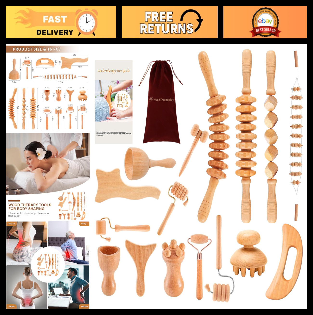 16-in-1 Wood Therapy Massage Tools Kit for Muscle Pain Relief & Body Sculpting