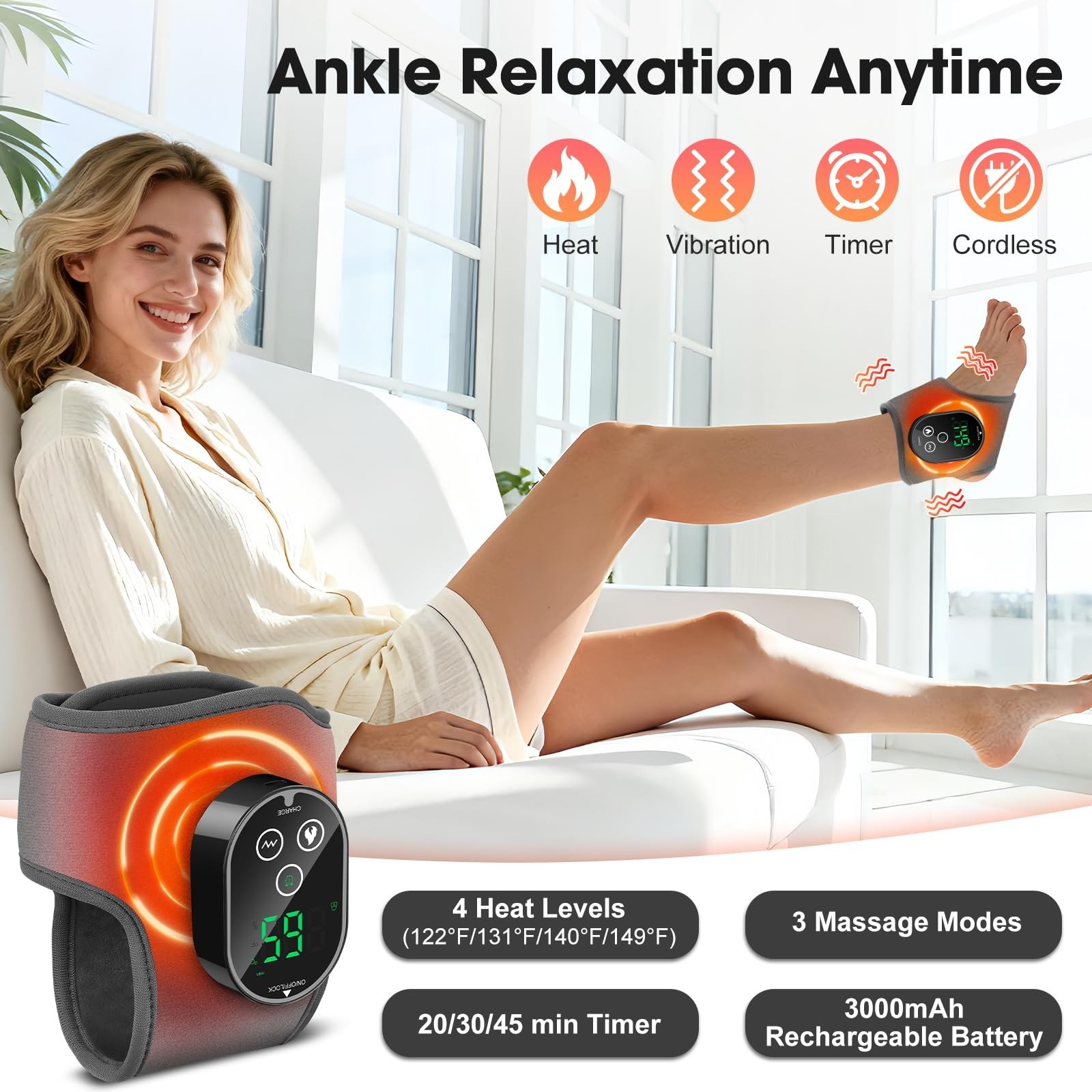Cordless Heated Ankle & Foot Massager for Pain Relief, Neuropathy, Heating Pad
