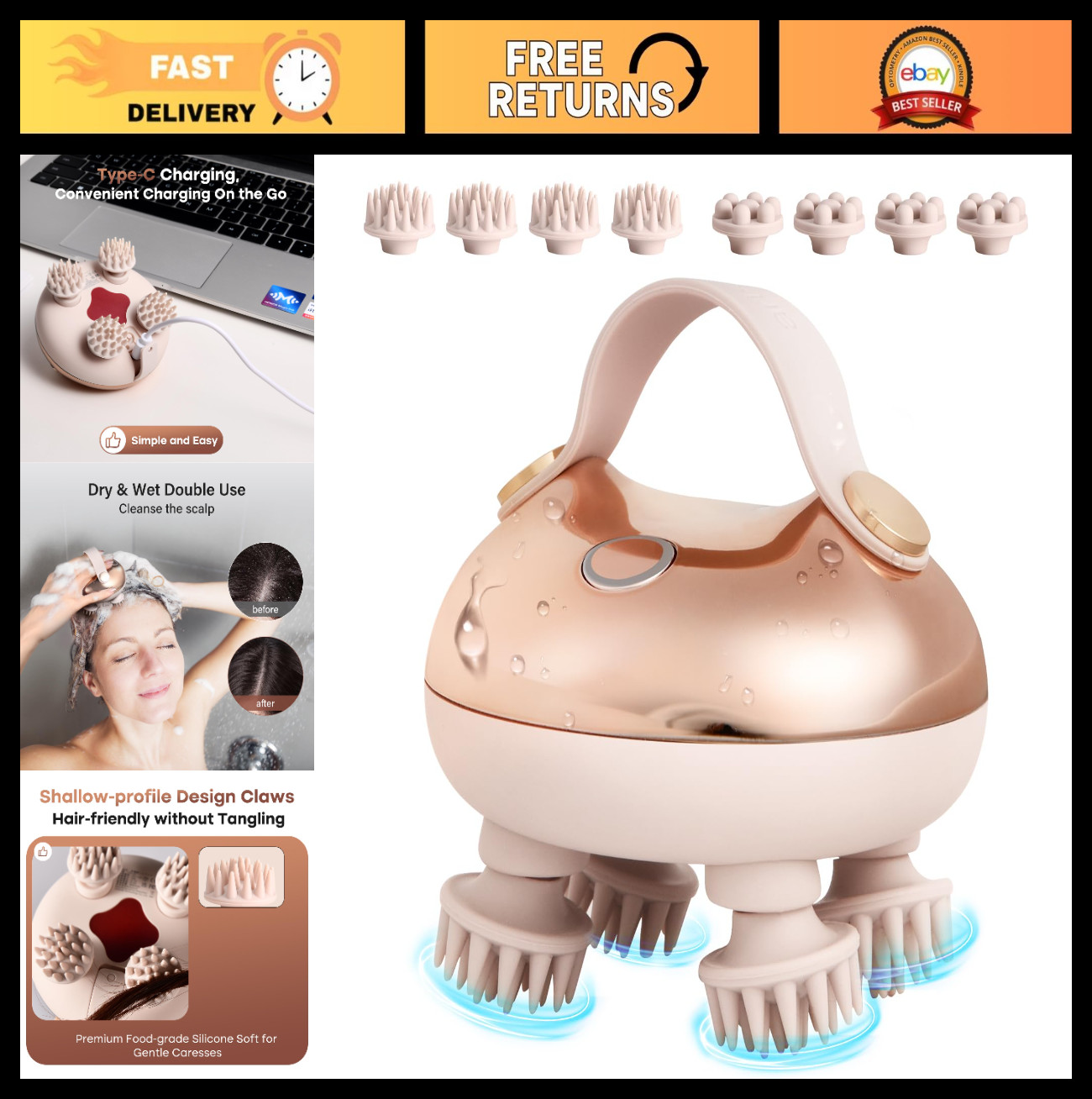 Portable Rechargeable Scalp Massager – Waterproof Kneading Head Massager for Str