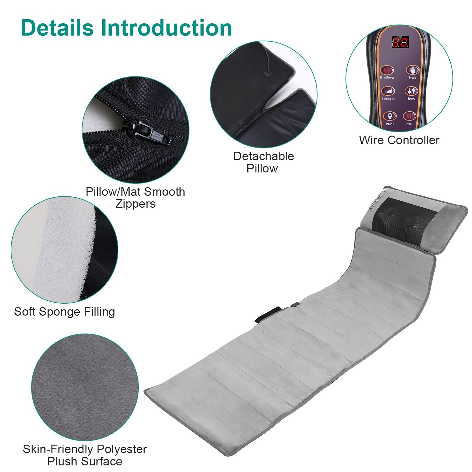 9 Speed Full Body Electric Massage Mattress Mat Heat Shiatsu Neck Massager Pad