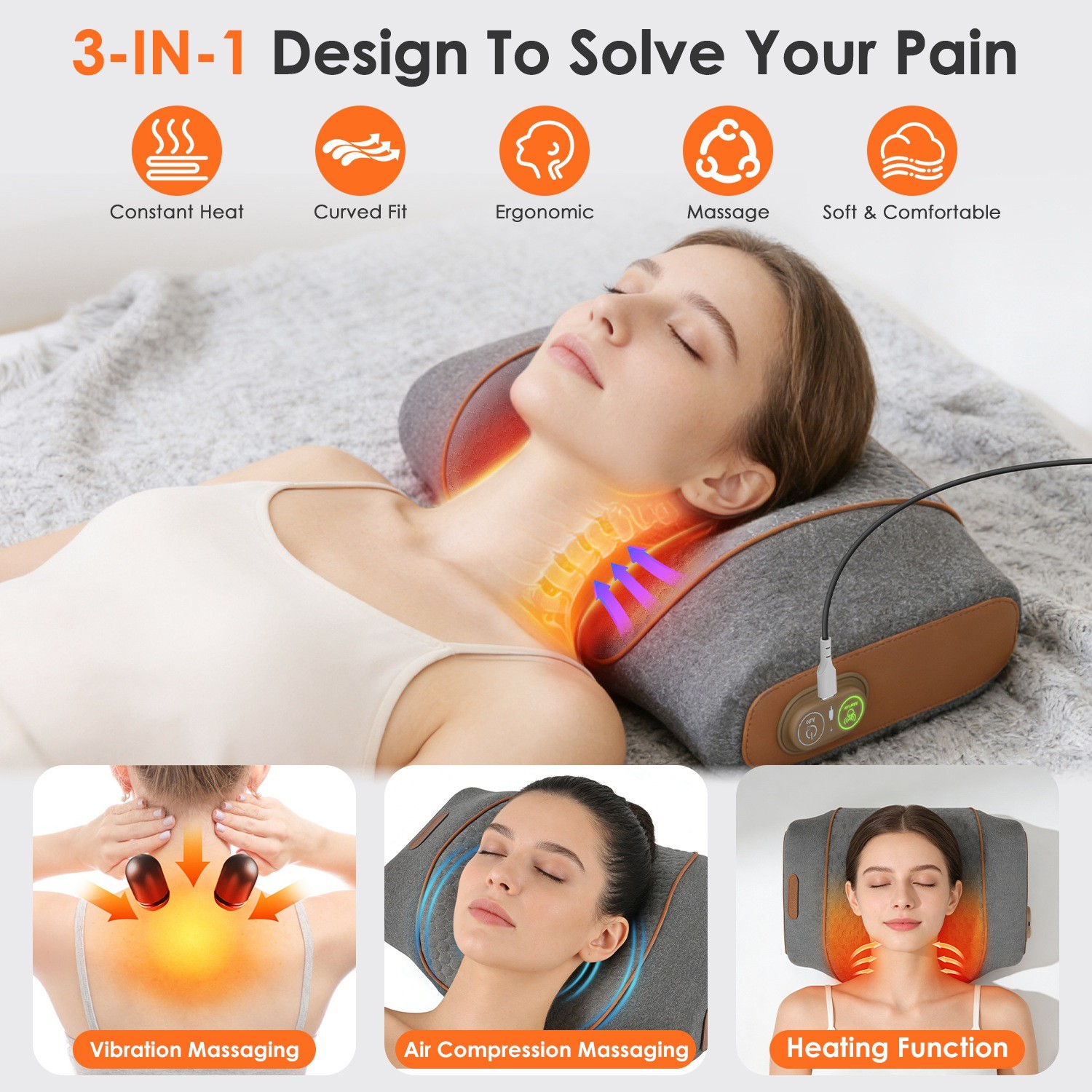 3-in-1 Neck Massage Pillow with Heating Function and Vibration Air Compression