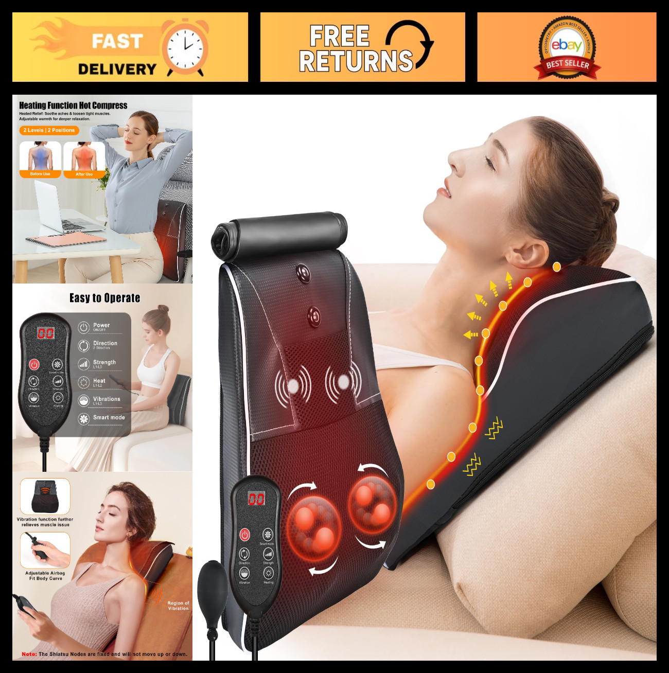 Shiatsu Neck & Back Massager with Heat – Deep Tissue 3D Kneading Pillow for Pain