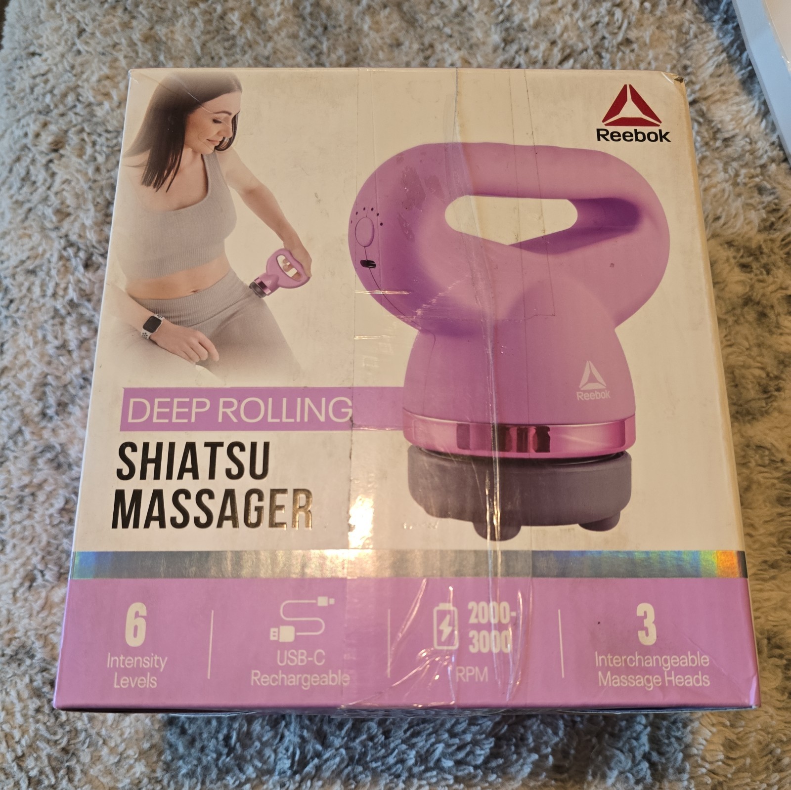 Reebok Deep Rolling Shiatsu Massager Purple Rechargeable 3 Interchangeable Heads