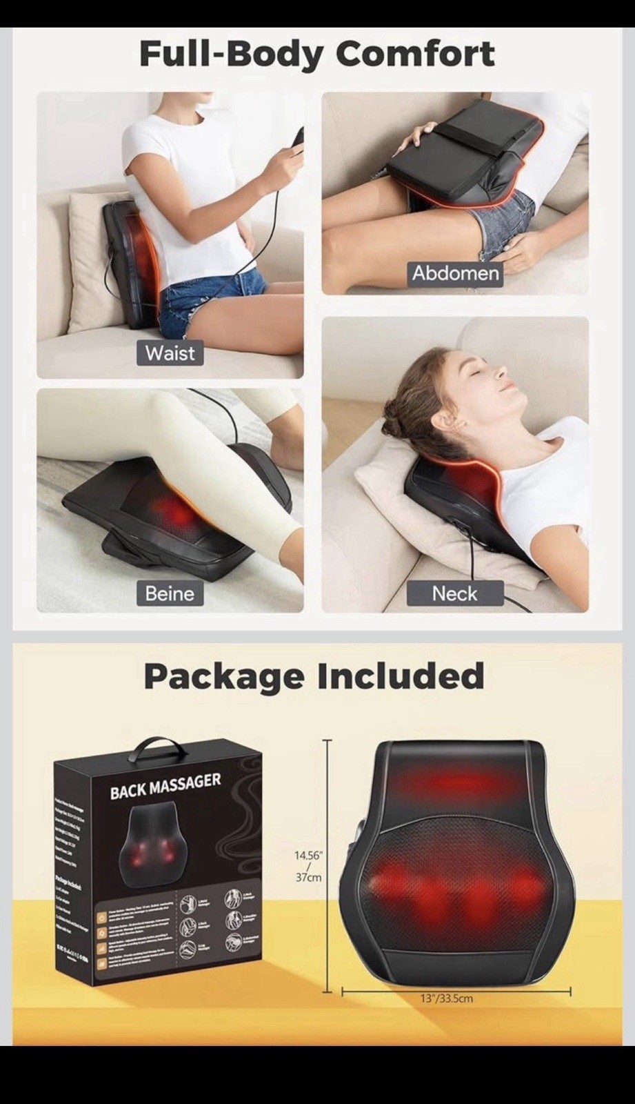 Brelley Heated Shiatsu Back Massager Black 8 Massage Heads Remote Control