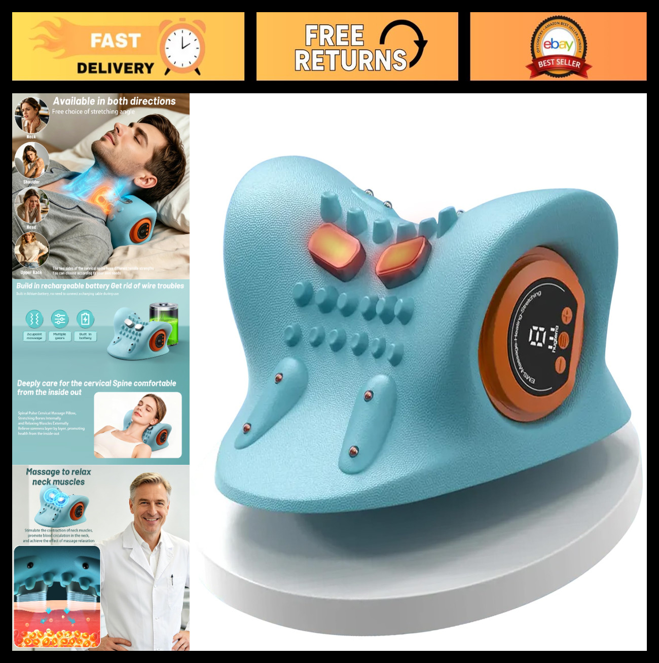 Electric Neck Massager with Heat, 3 Modes Cervical Traction Pillow for Pain Reli