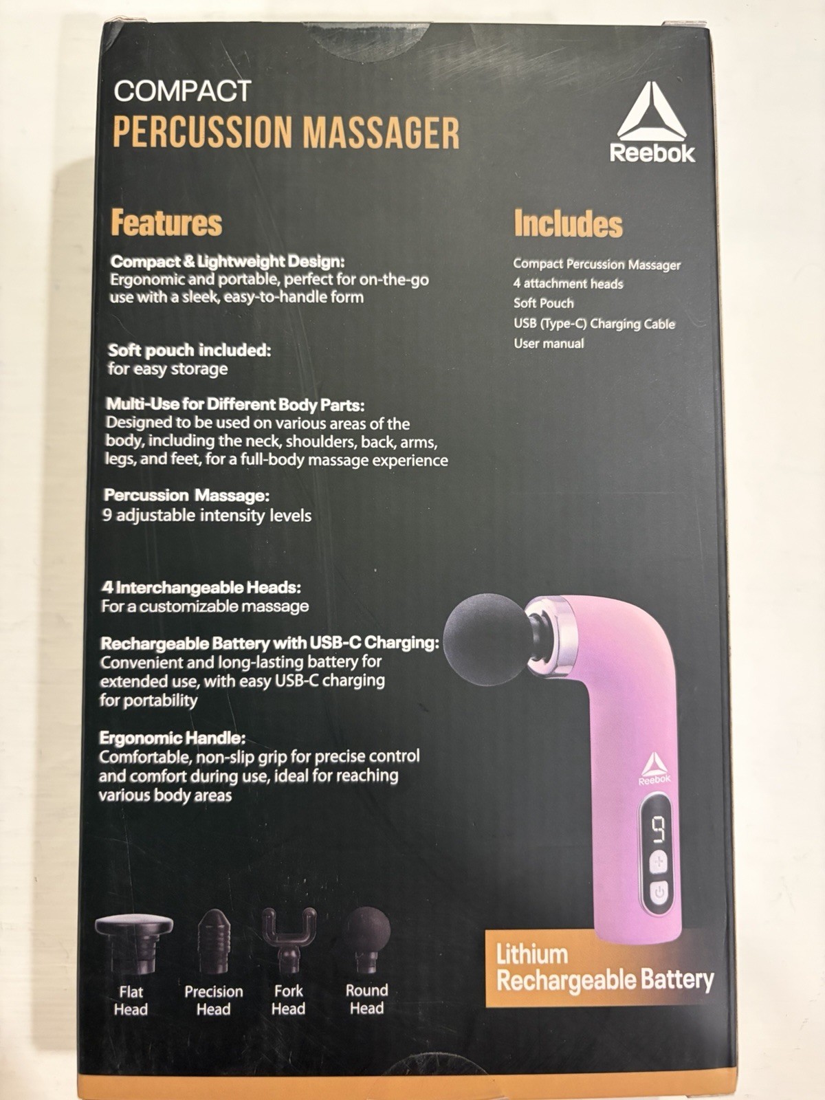 Reebok Compact Handheld Percussion Massager – 9 Intensity Levels, 4 Heads New