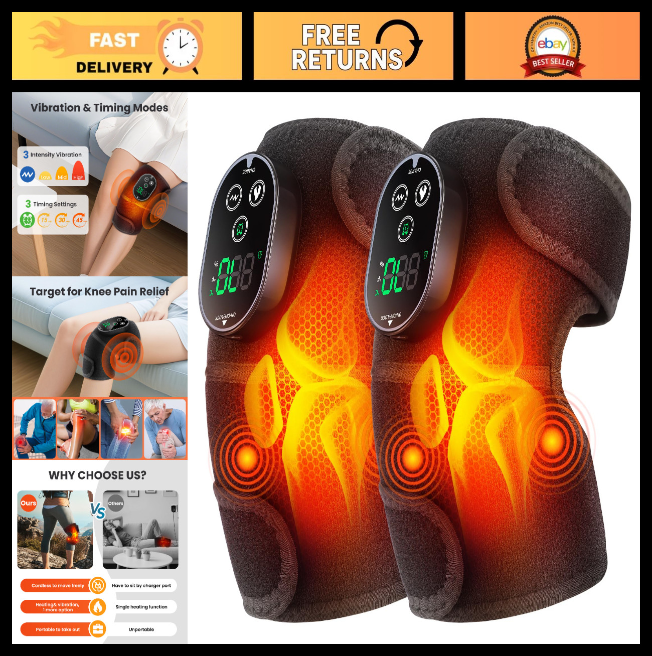 Cordless Heated Knee Massager & Shoulder Brace – 6 Heat Levels, Vibration, 2 Pac