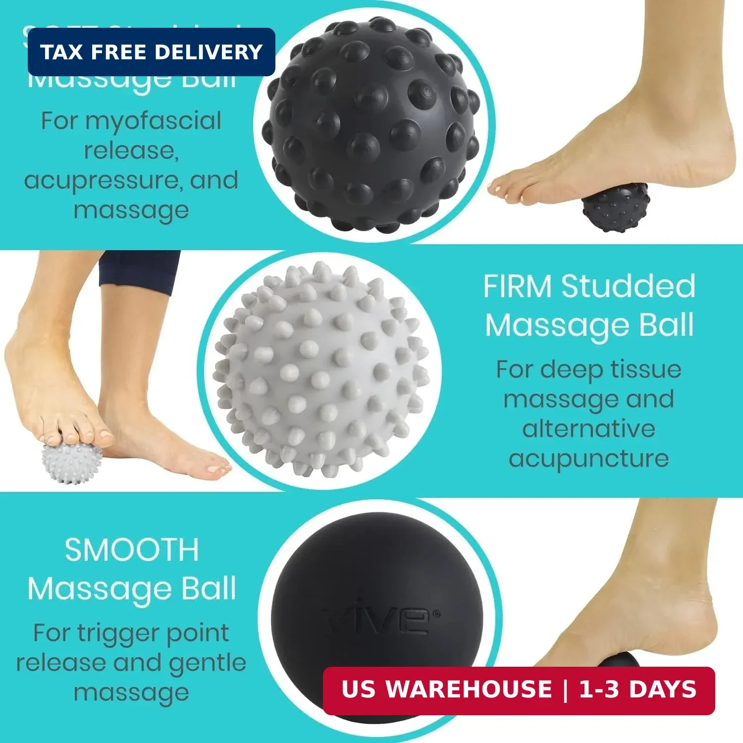 Vive Massage Ball Set (4 Piece) – Plantar Fasciitis Relief Foot Pain Hot Cold Th
