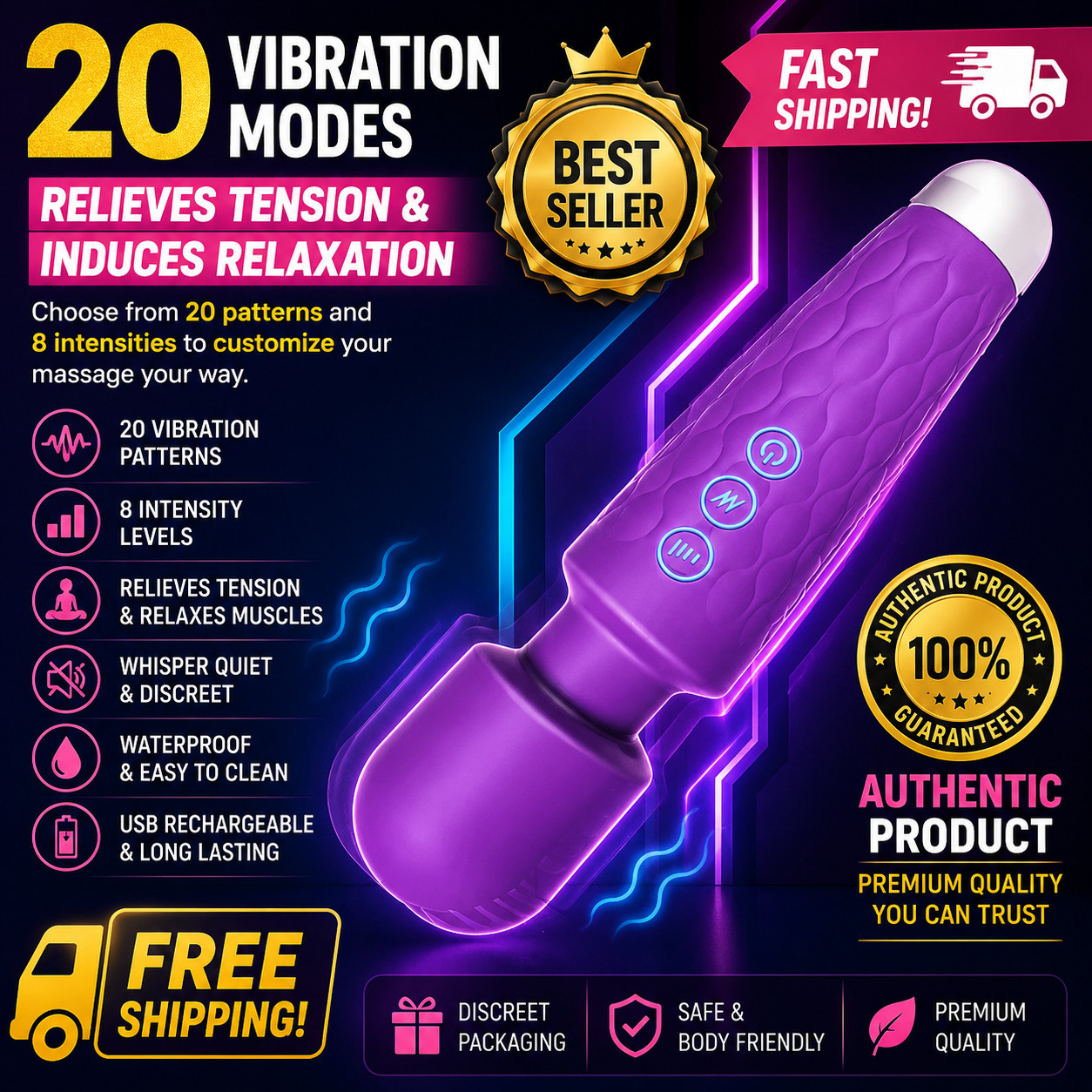 Rechargeable Wand Massager Powerful Multi-Speed Handheld Body Massager
