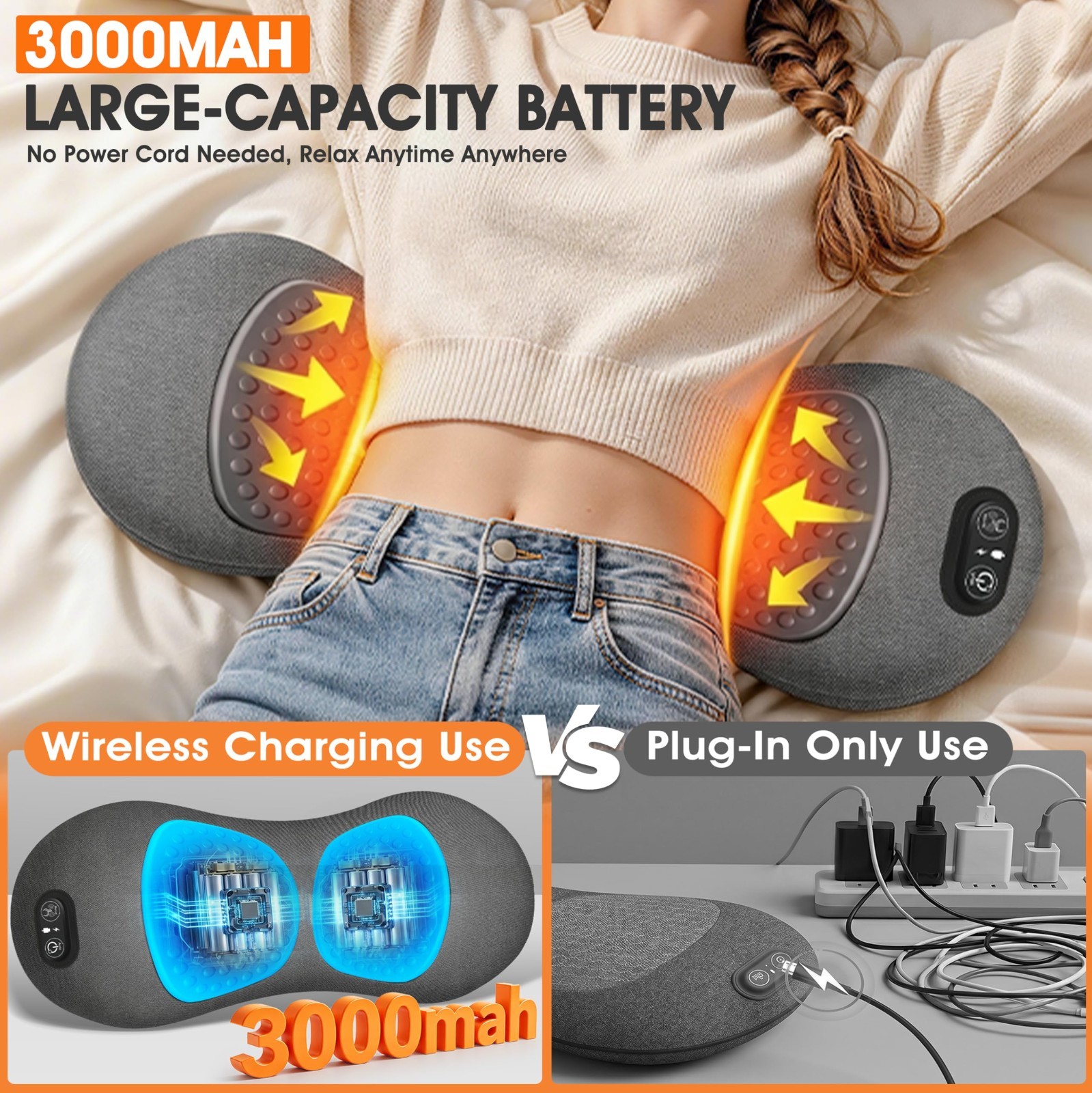 Rechargeable 3-in-1 Electric Lumbar Support Pillow & Back Massager with Heat, Vi