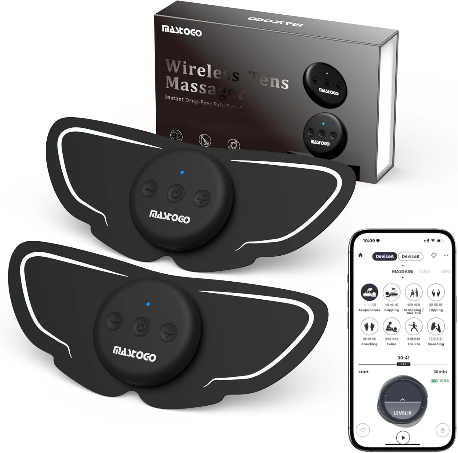 MASTOGO Wireless TENS Unit, Dual Host Muscle Stimulator with APP Control Up to 2