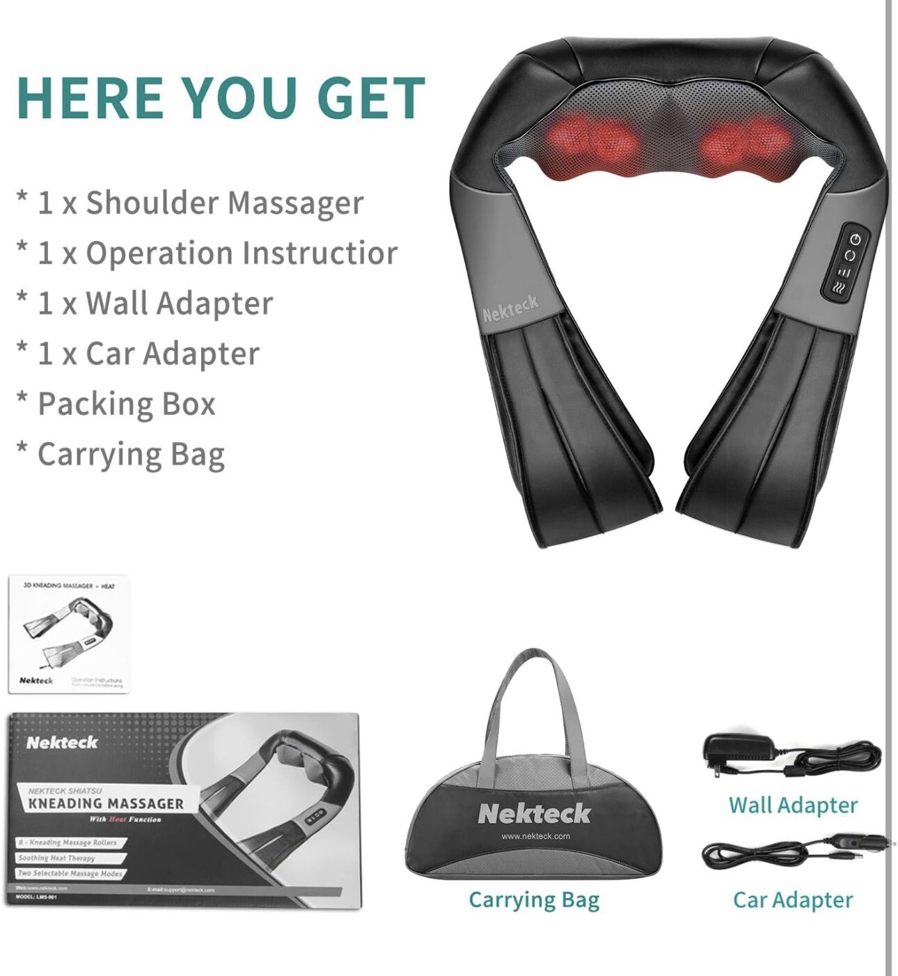 Nekteck Shiatsu Neck/Back Massager with Heat, Electric, Deep Tissue, 8 Nodes