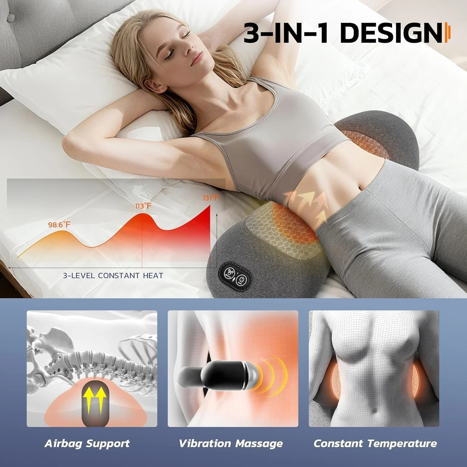 3 In 1 Electric Lumbar Support Pillow Smooth Spine Triple Fusion Back Massager