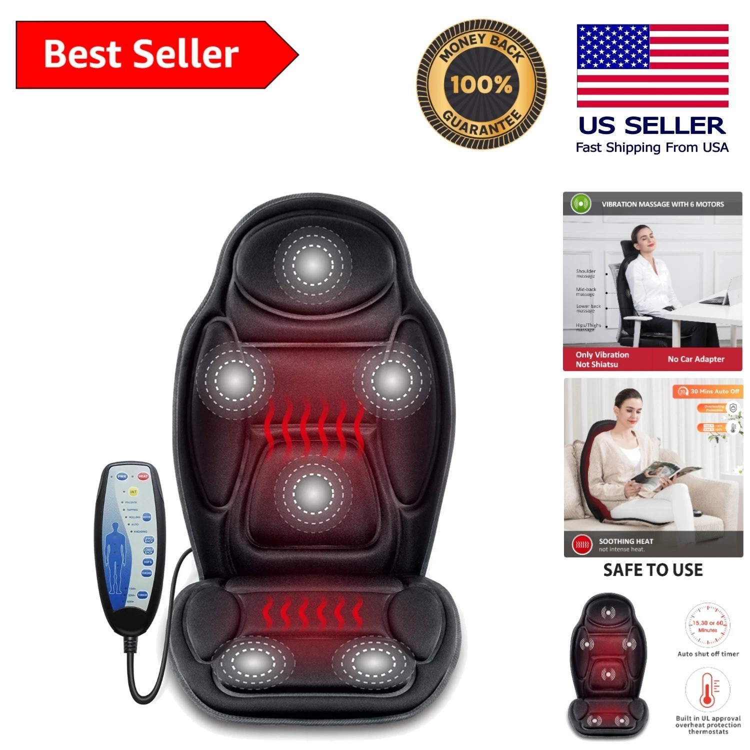 Heated Massage Seat Cushion for Home & Office with Safety Features and Straps