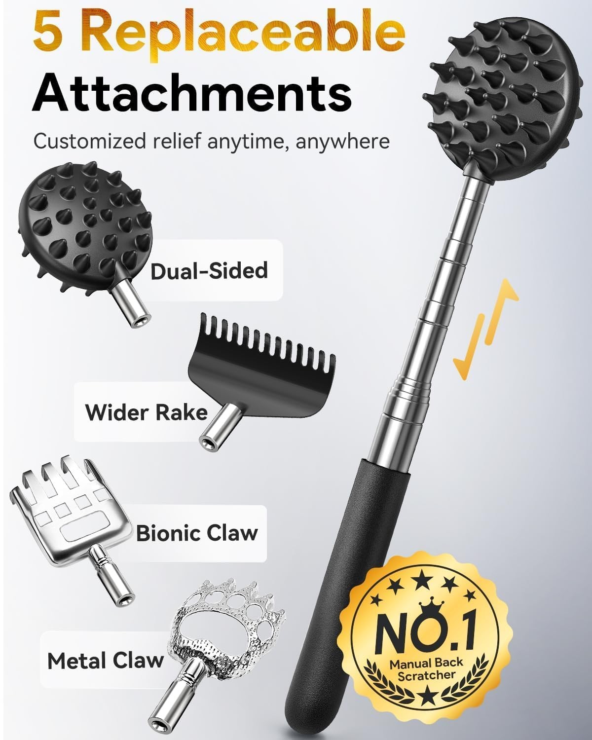Telescoping Back Scratcher with 5 Detachable Scratching Heads,Gift for Christmas