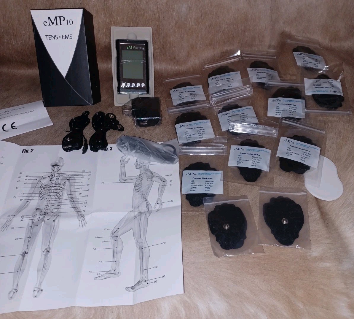 eMP10 TENS/EMS Portable Unit Black Brand New Open Box ++ 13 Extra New Electrodes