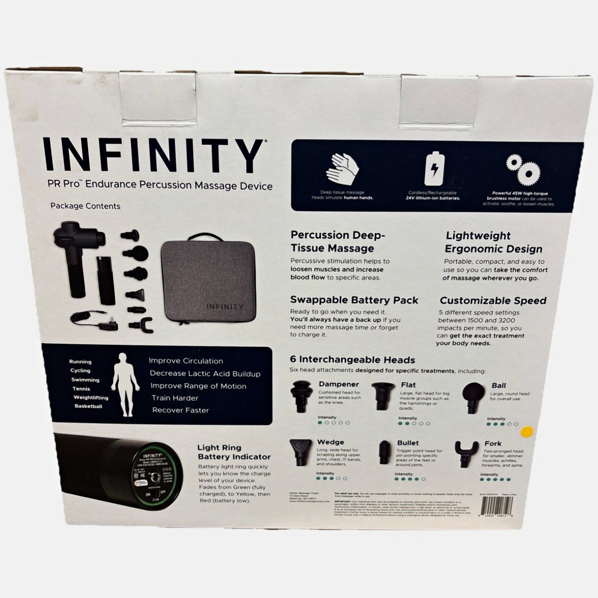 Infinity PR Pro Endurance Percussion Massager Cordless 6 Heads Case Back Neck