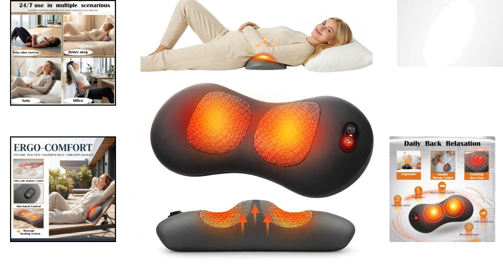 3-in-1 Ergonomic Back Restore Massage Pillow with Heat & Vibration Relief