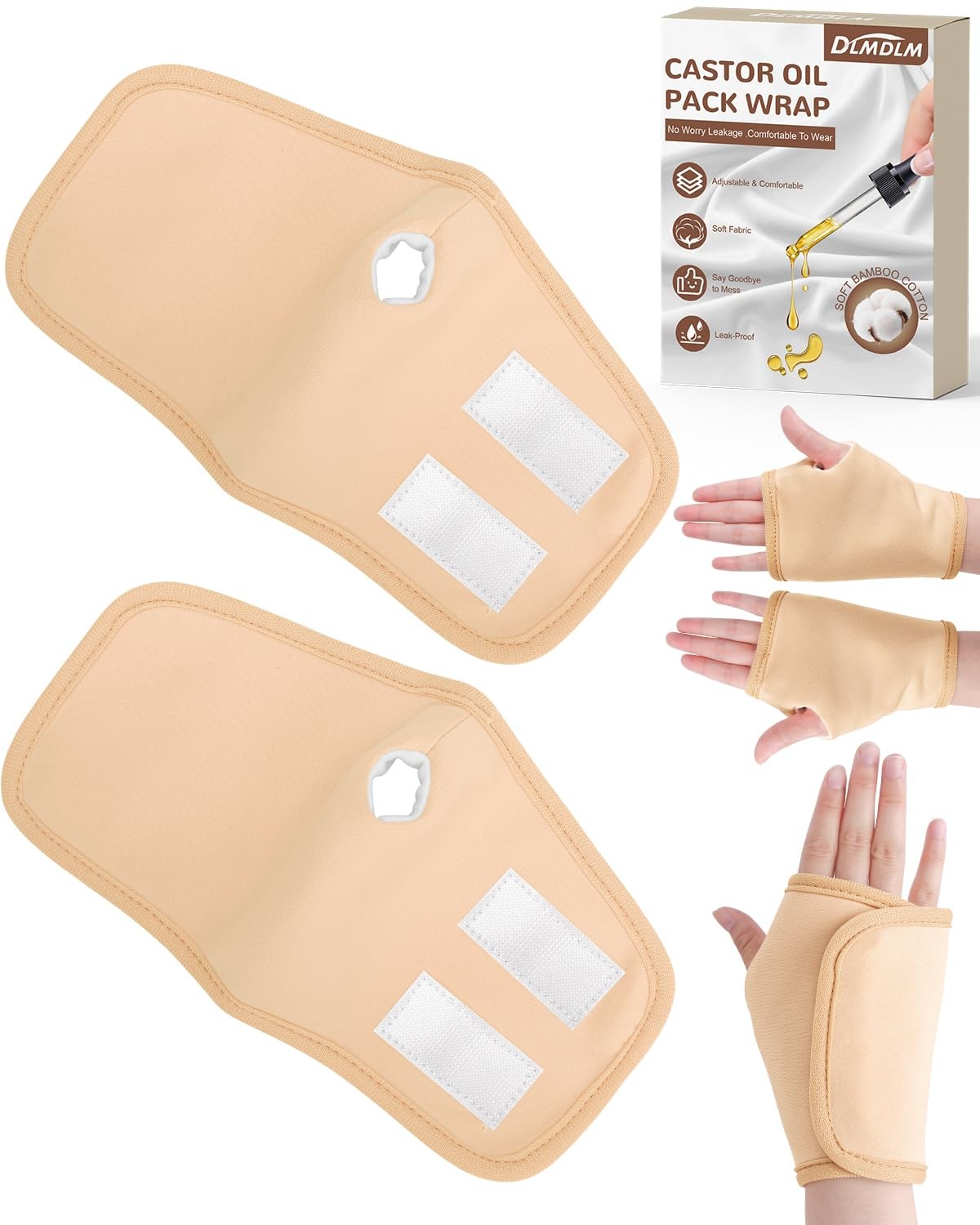 Castor Oil Wrap for Hands Reusable Organic Cotton Compression Khaki 2 Pack