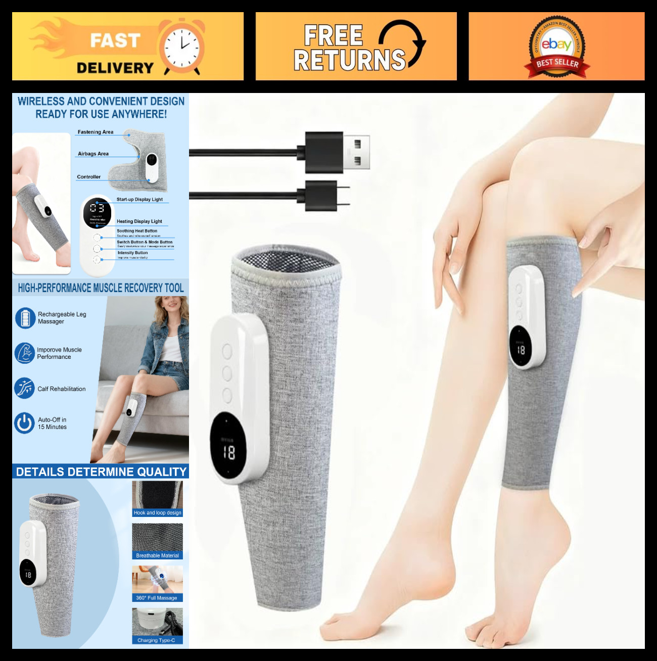 Calf & Leg Massager for Circulation, 3 Modes/Intensities, Heat Function, Portabl