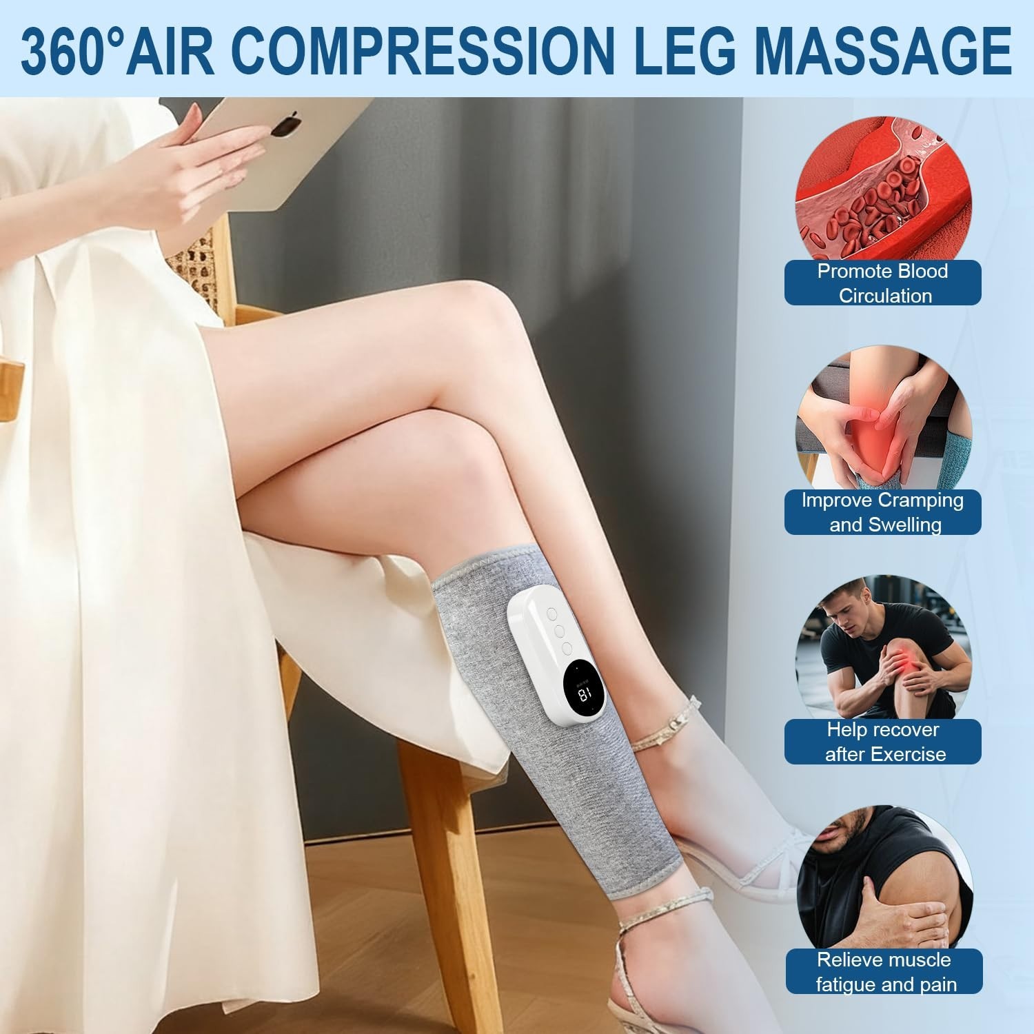 Calf & Leg Massager for Circulation, 3 Modes/Intensities, Heat Function, Portabl