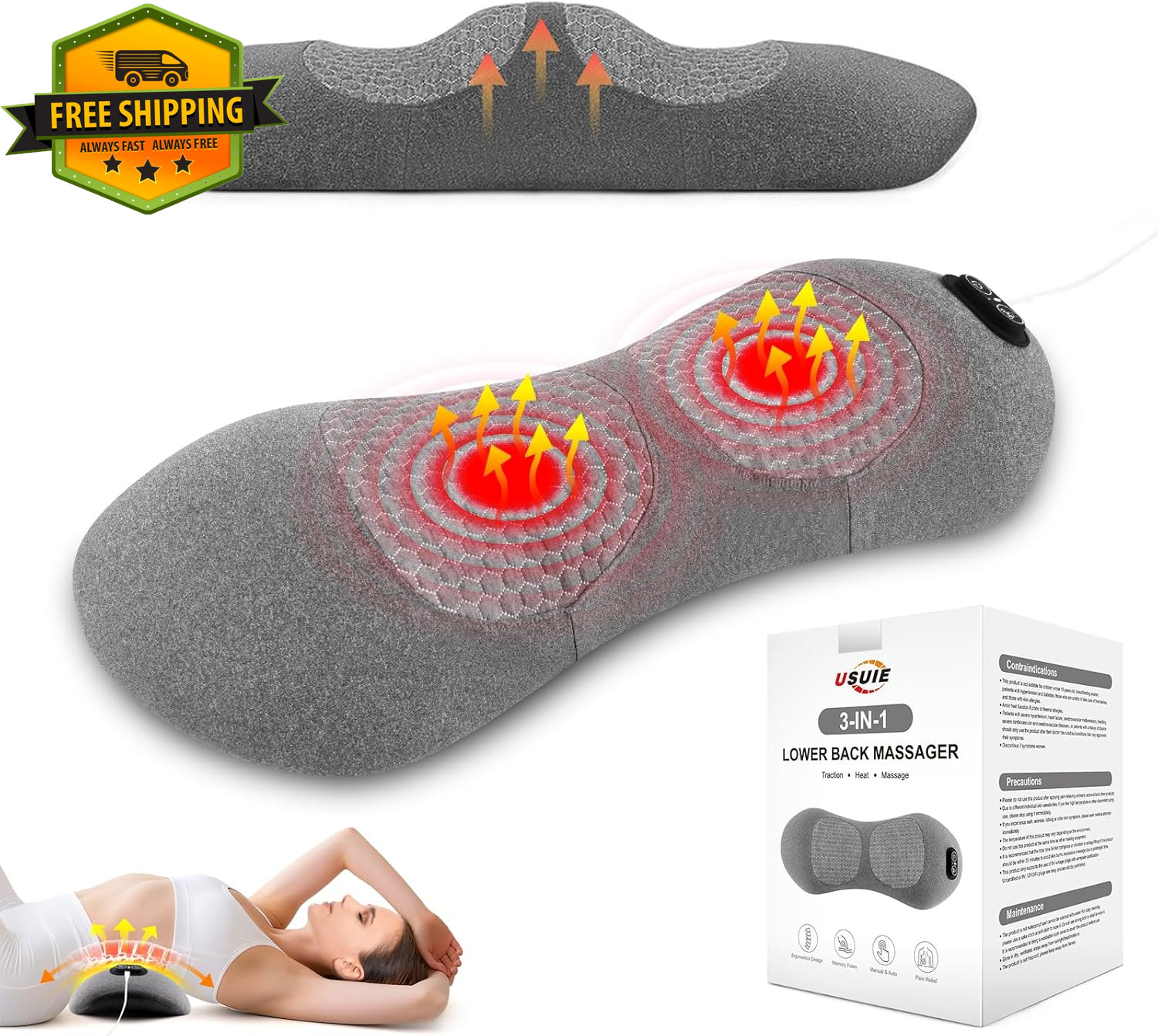 Electric Lumbar Support Pillow Lower Back Massager Heat Traction Memory Foam Car