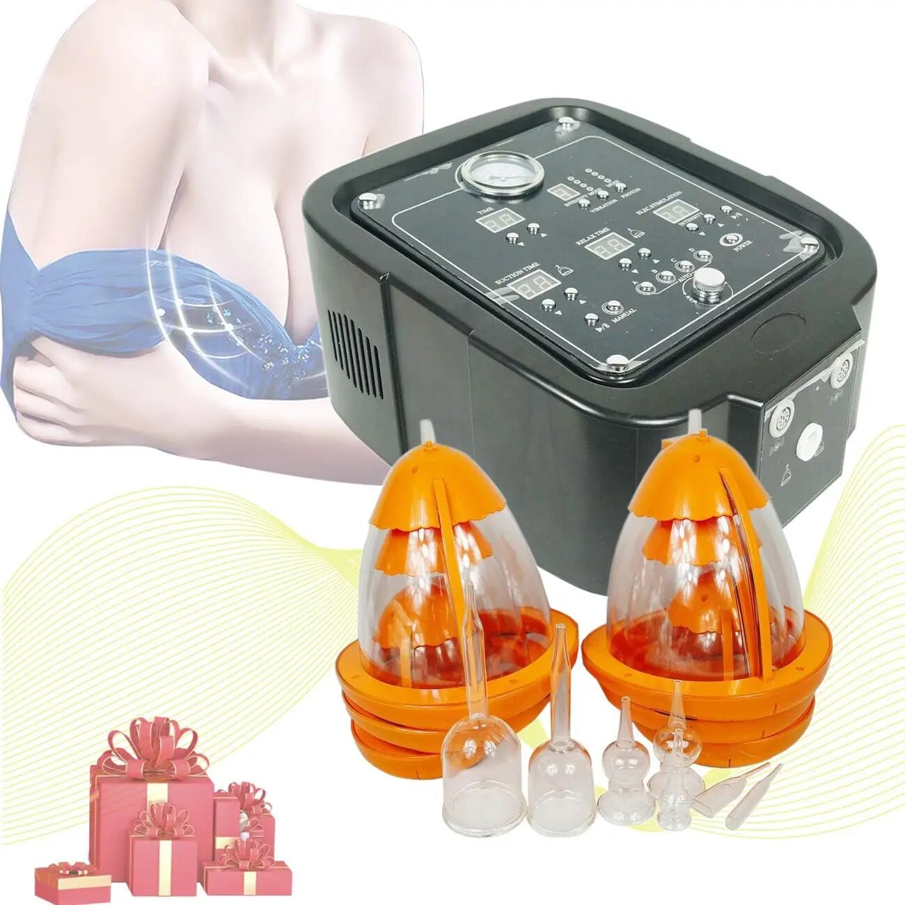 Micro Current Stimulation Vibration Breast Massager 6 Cups Negative Pressure