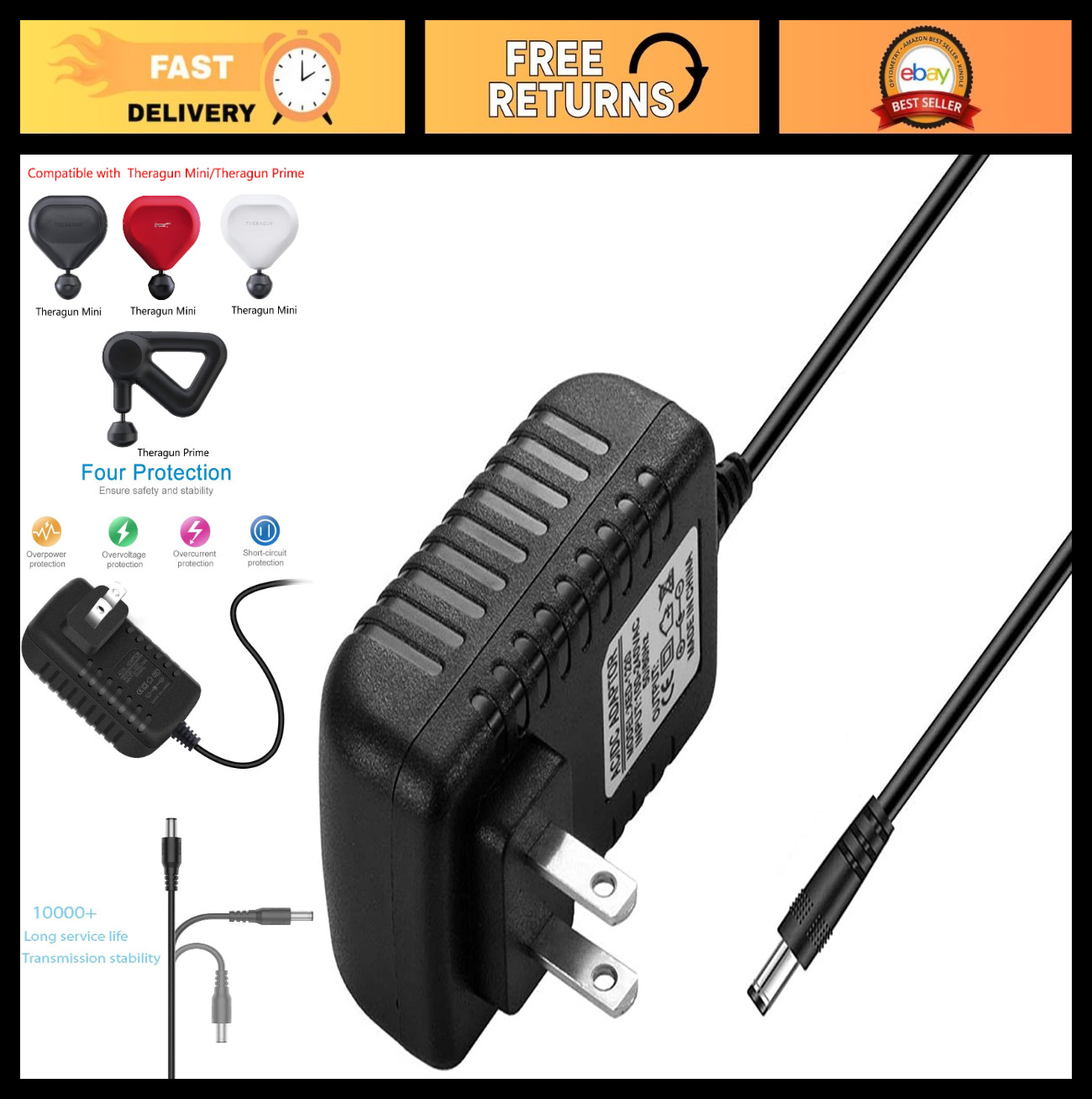 Massage Gun Charger Power Cord AC Adapter for Theragun Mini & Prime – Compatible