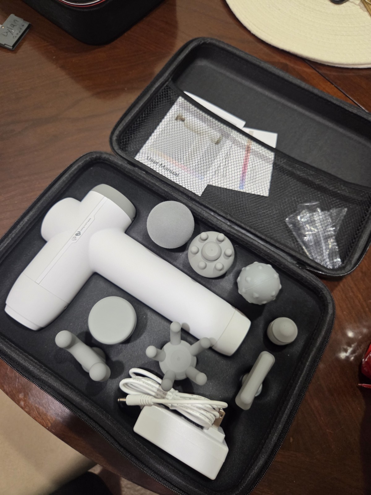 Aura Caring Mill Rechargeable Percussion Massage Gun 6 Heads Case Charger White