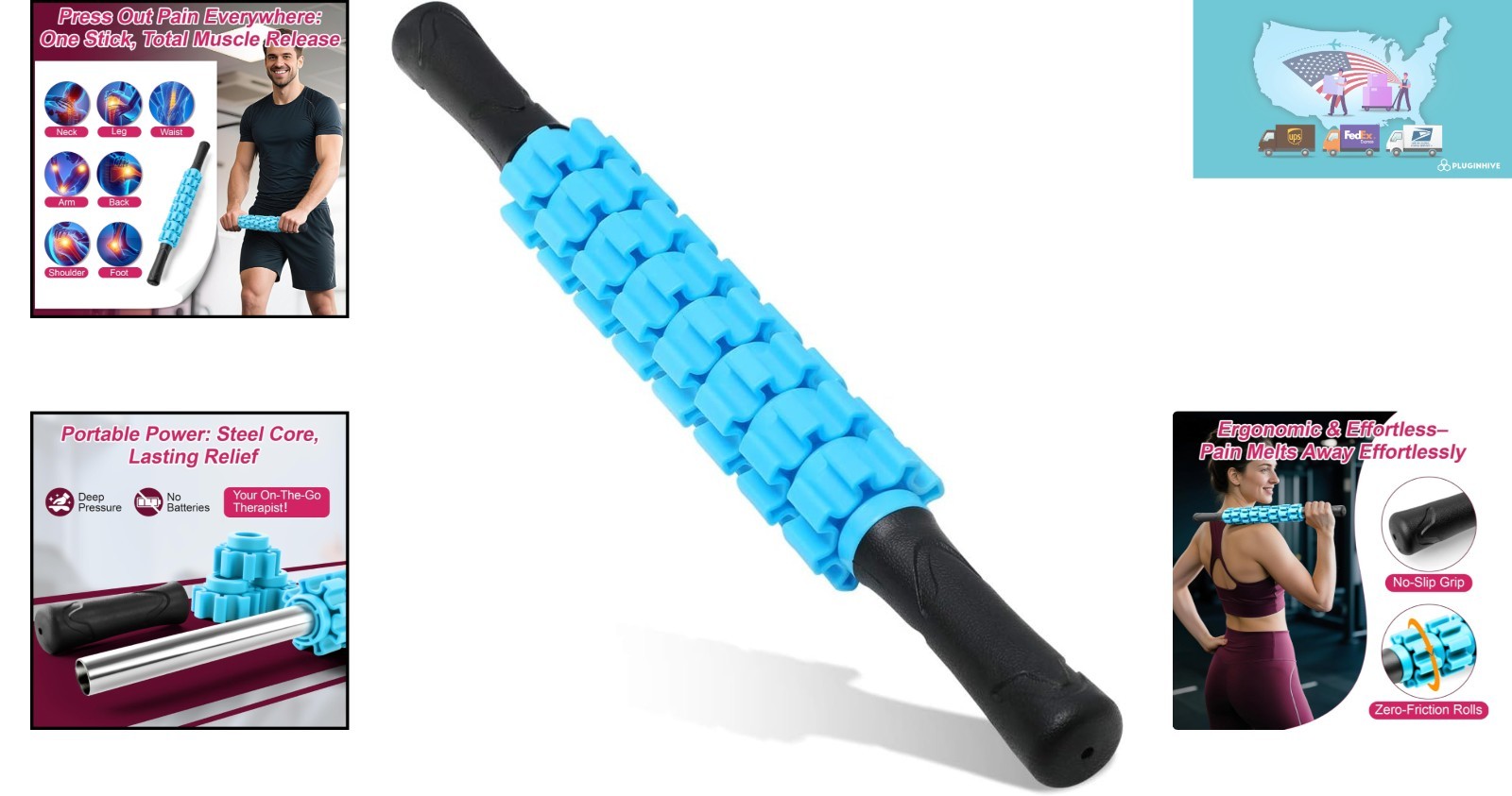 Portable Deep Tissue Massage Roller Stick for Sore Muscles Relief – 3 lbs