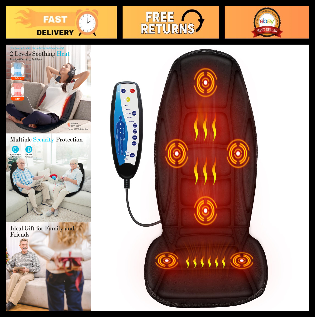 Electric Back Massager with Heat – 5 Vibration Modes, Chair Pad for Pain Relief
