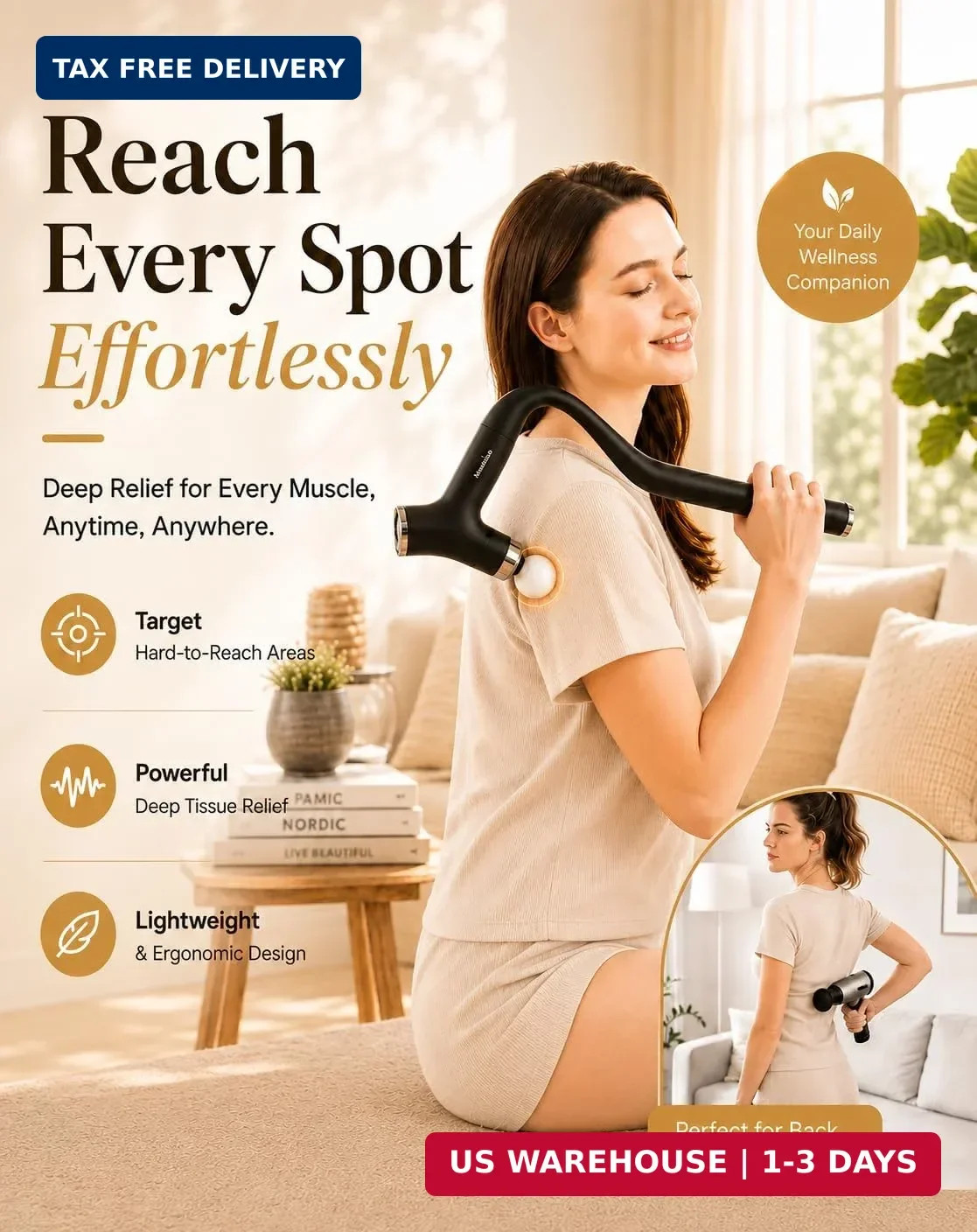 2-in-1 Back Massage Gun with Detachable Curved Handle, Back, Neck & Full Body