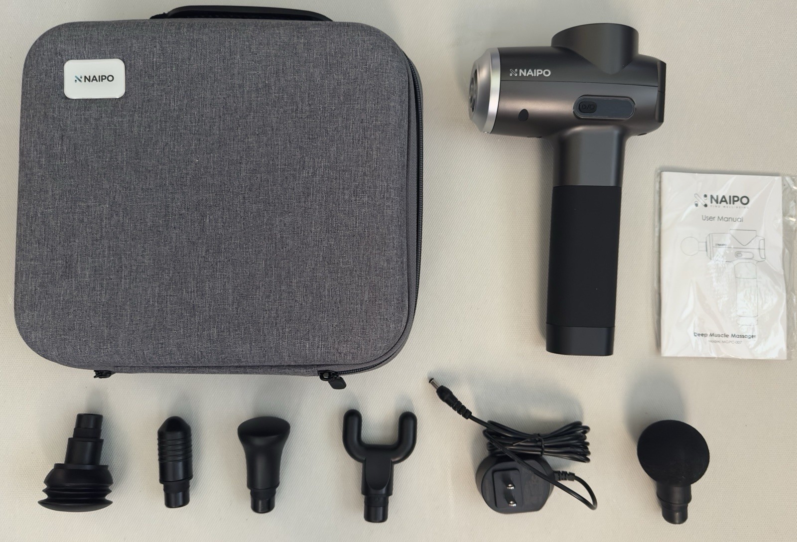Naipo MGPC-007 Percussion Massage Gun – Open Box, | 5 Heads, Rechargeable, Case