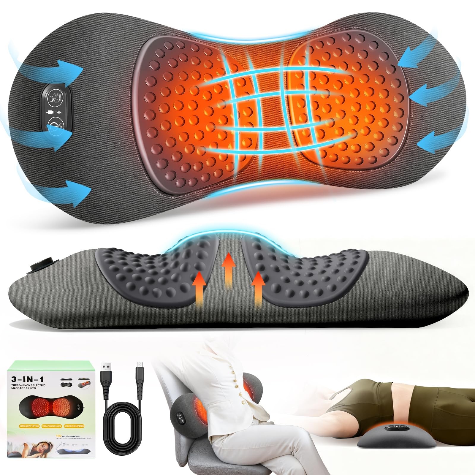 3-in-1 Electric Lumbar Support Pillow with Heat, Vibration & Traction for Back P