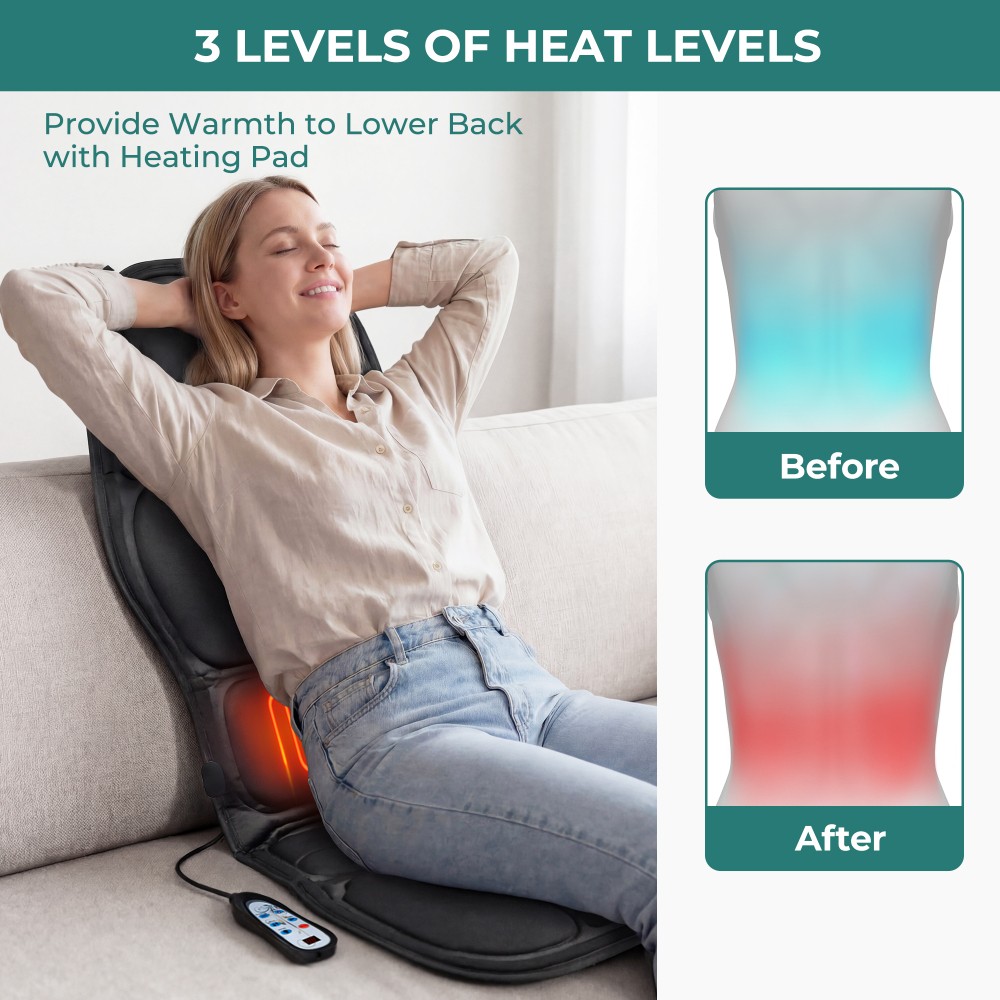 7-Motor Heated Massage Chair Pad, 9 Modes Adjustable Heat Timer for Home Office
