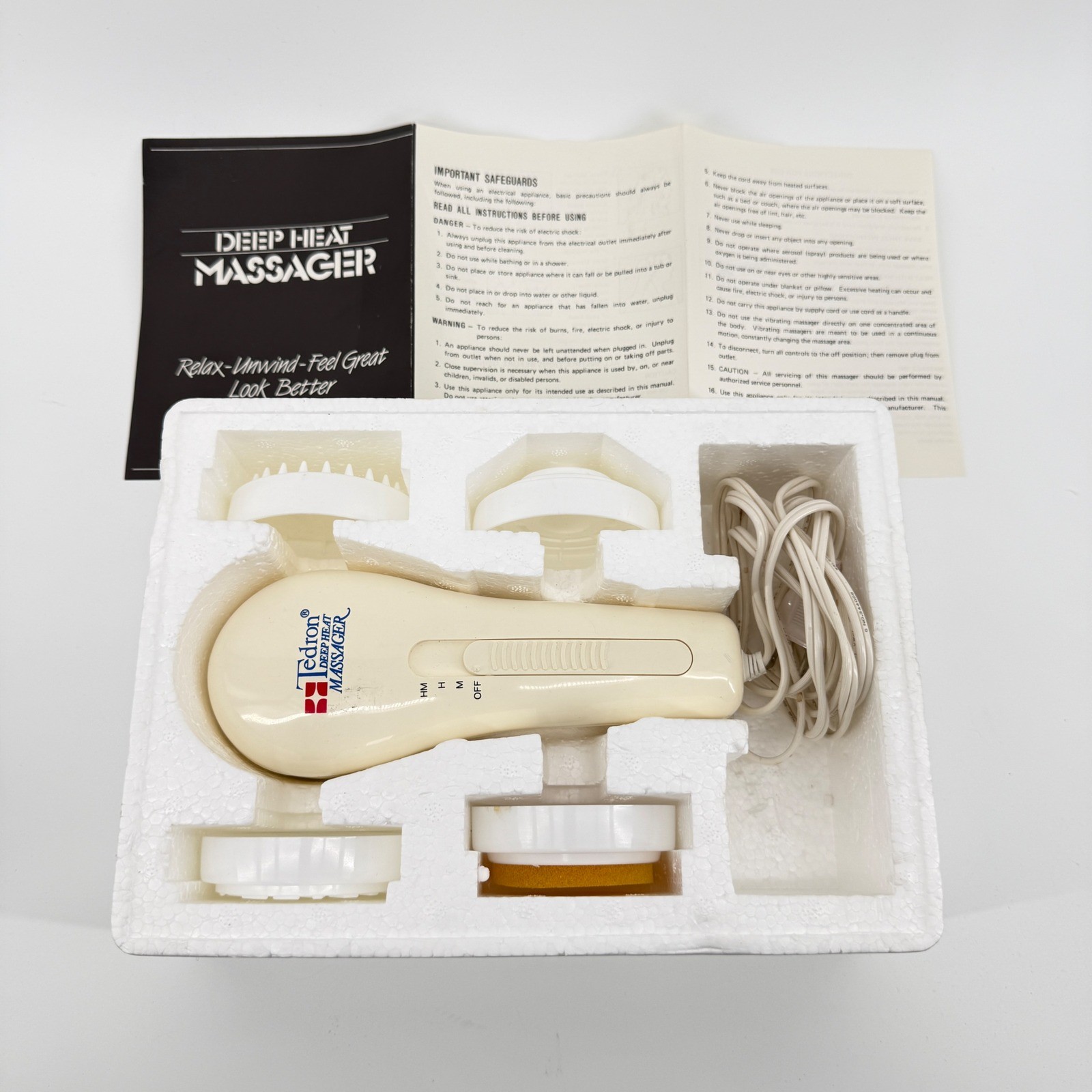 Tedron Deep Heat Massager Cream Solid Plastic 4 Attachments Boxed