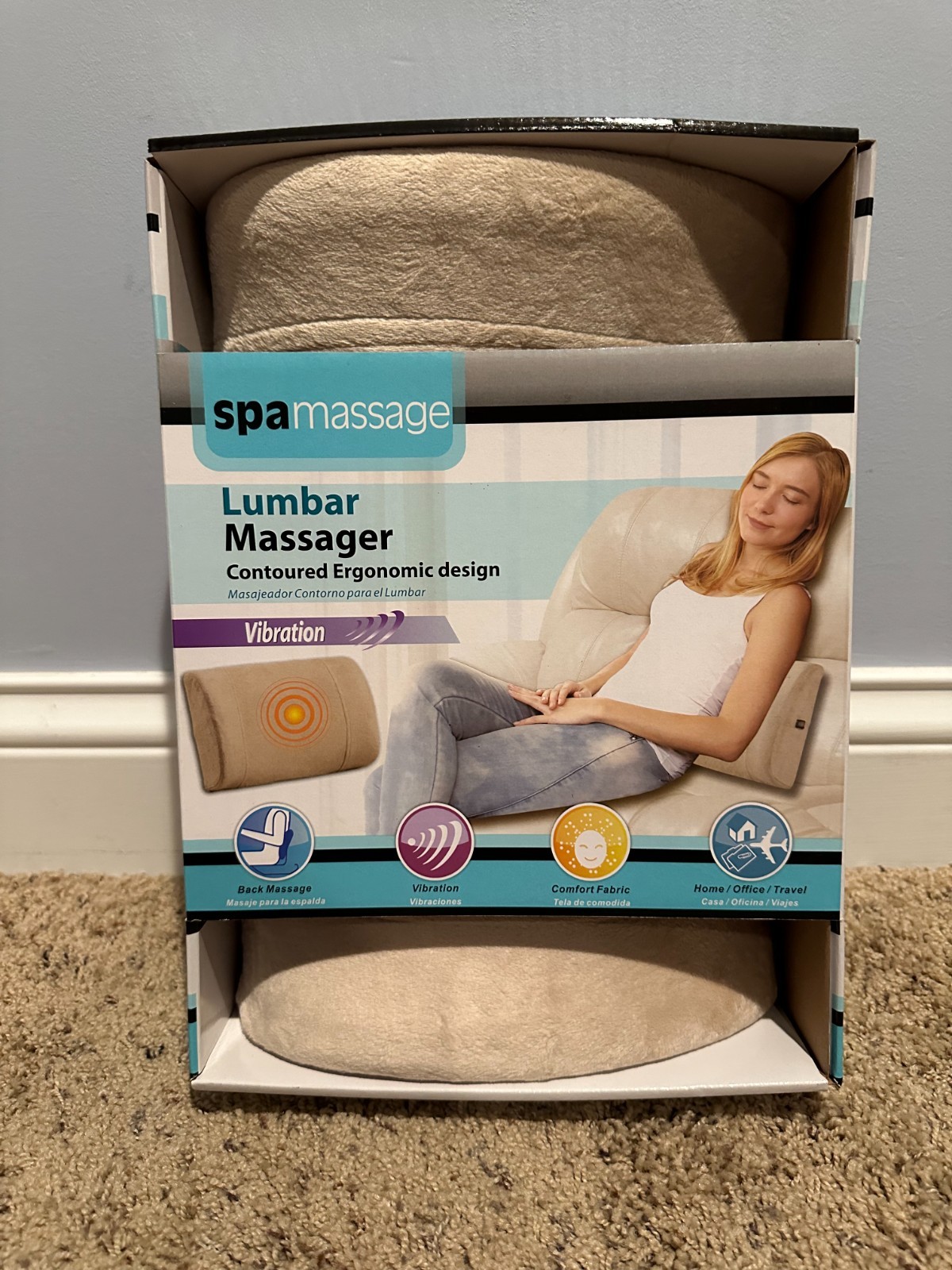 NEW Spa Massage Tan Lumbar Back Massager Contoured Ergonomic Vibrating Cushion