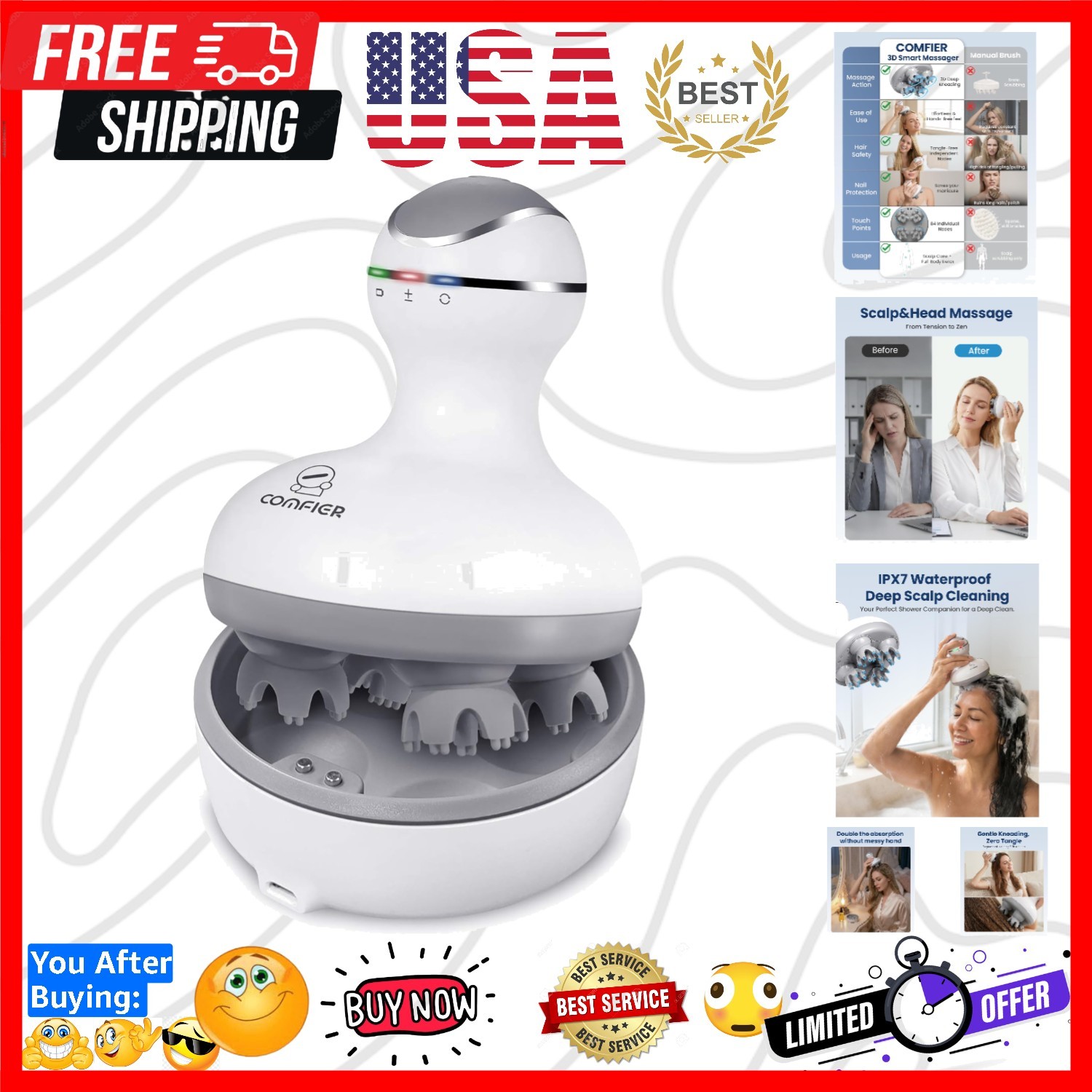 Electric Cordless Hair Scalp Massager with Kneading 84 Massage Nodes, Handhel…